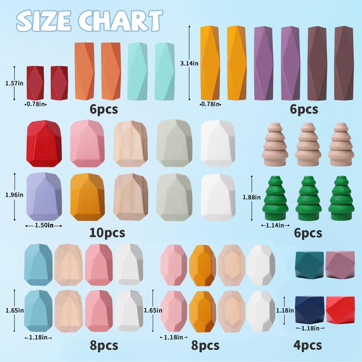 YHHYTOY 48-Piece Wooden Stacking Stones — Montessori Blocks for 3+ Year Olds