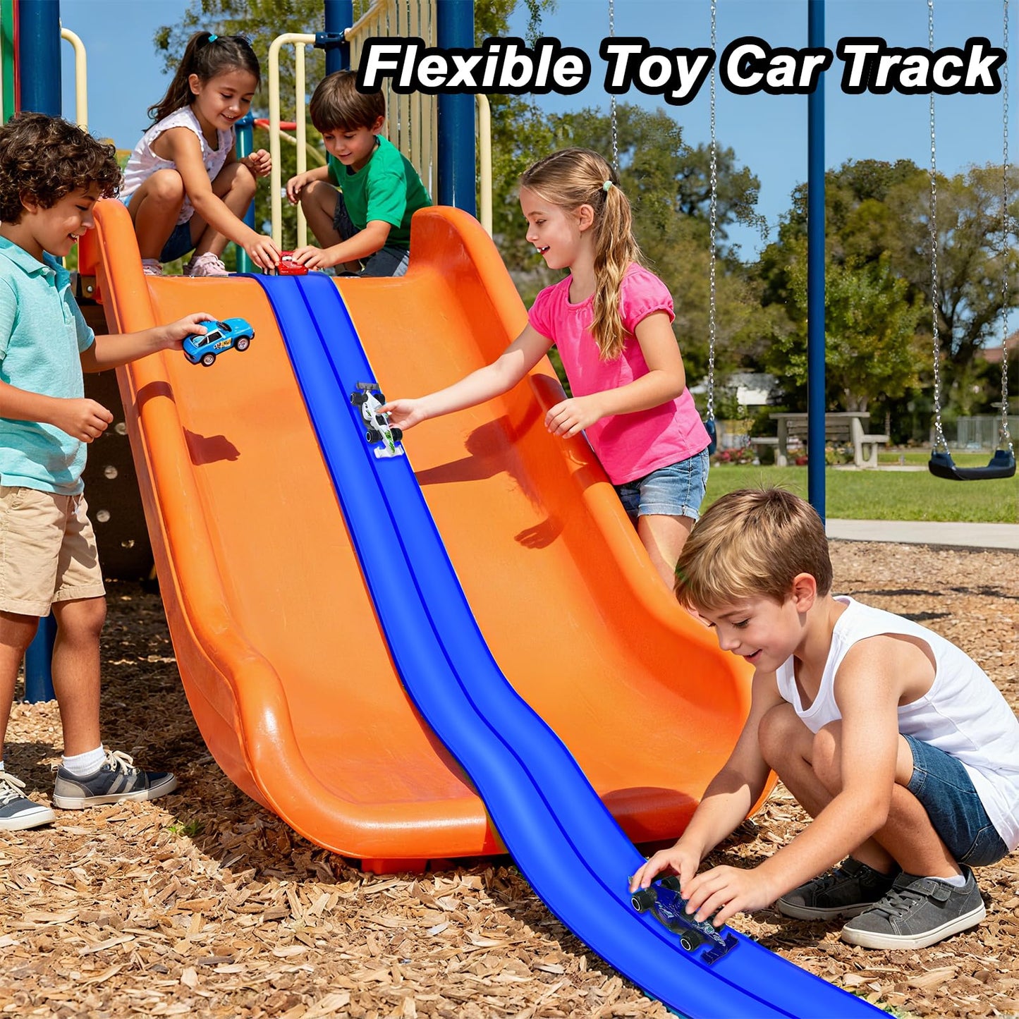 YHJZ 16ft Flexible Race Car Track Starter Set with Suction Cups – Portable Dual-Lane Ramp Track (Blue)
