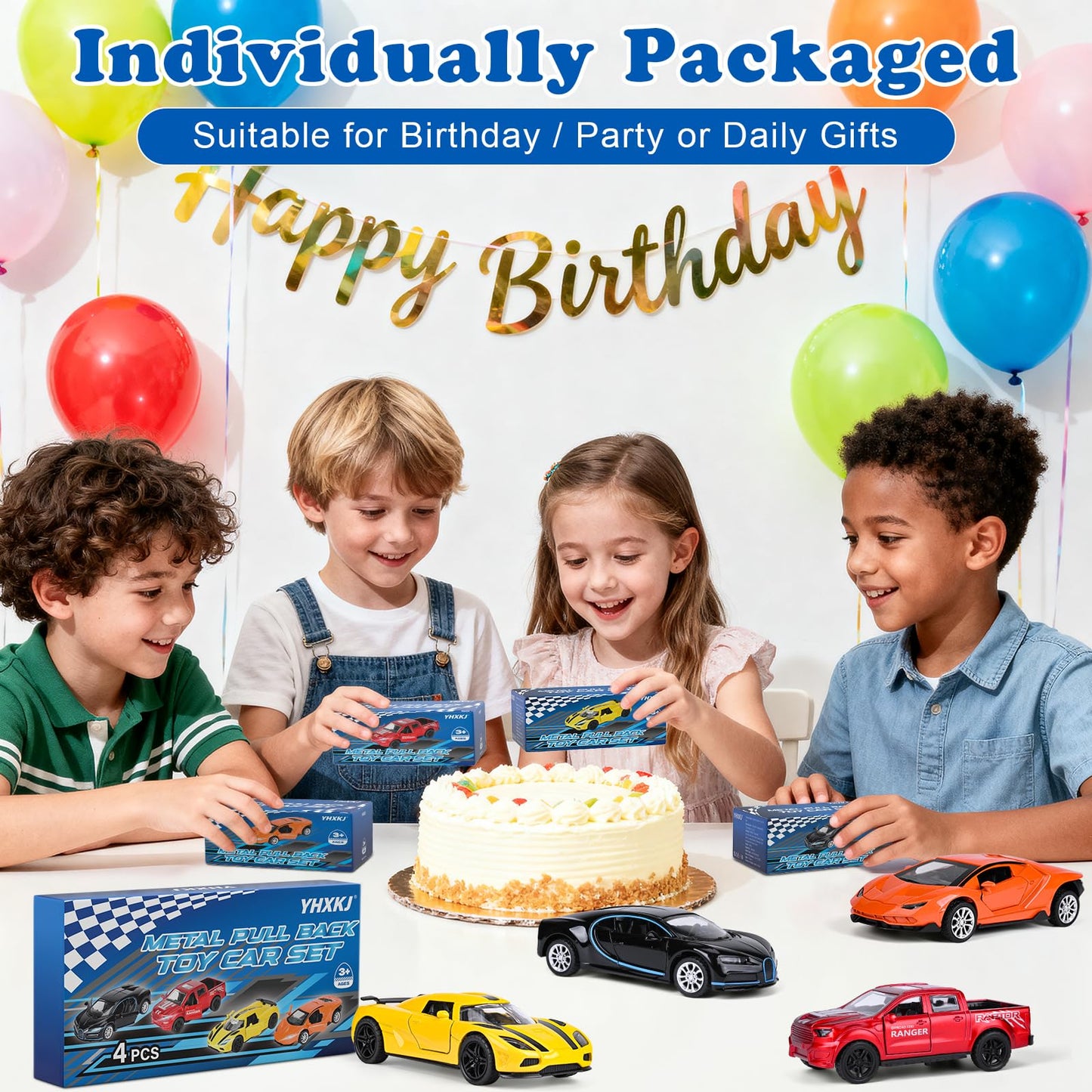 YHXKJ 4 Pack Diecast Cars – Opening Doors, 1:36 Scale Pull-Back Toys