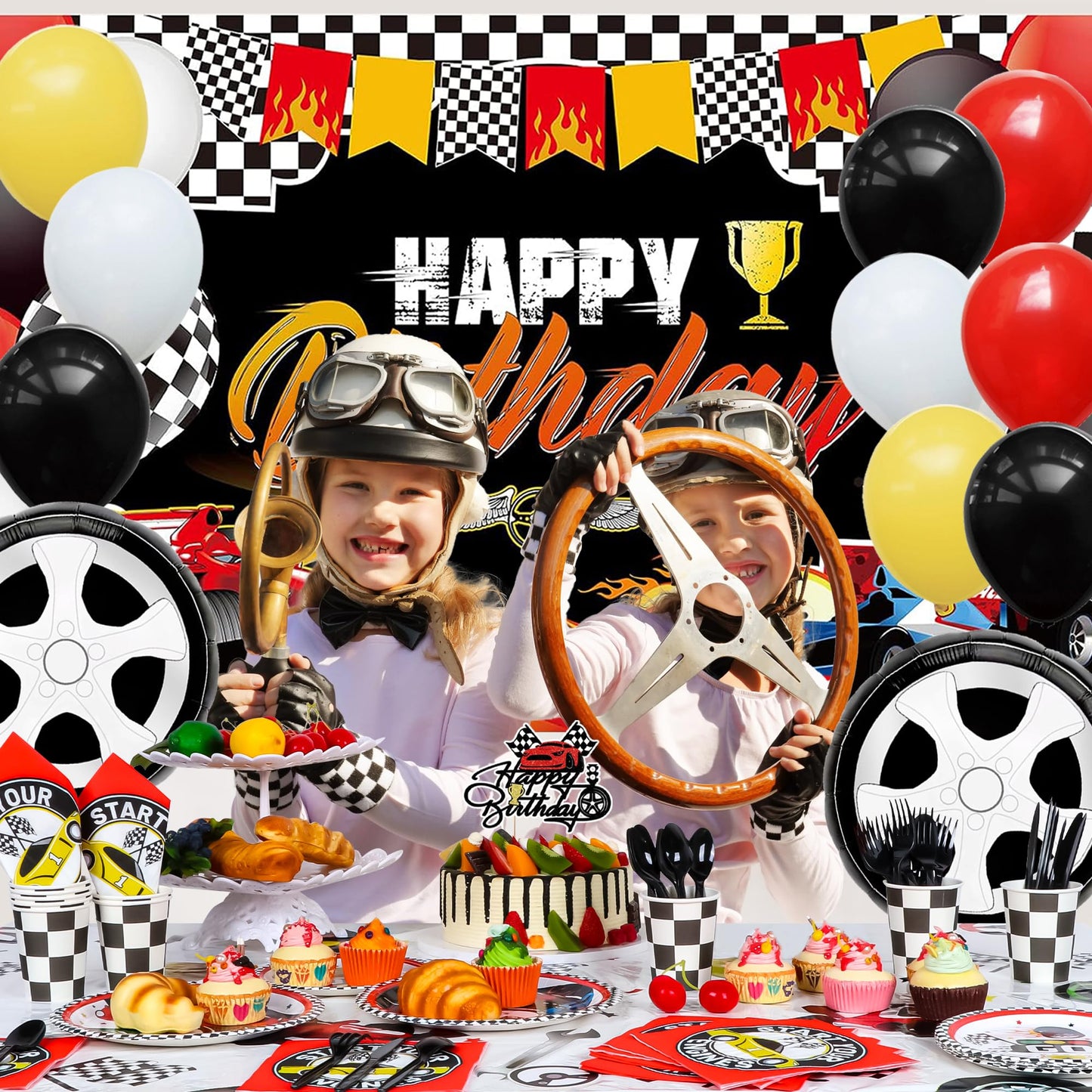 YIGZAG Race Car Birthday Party Decorations – 140-Piece Set with Backdrop, Balloons & Tableware