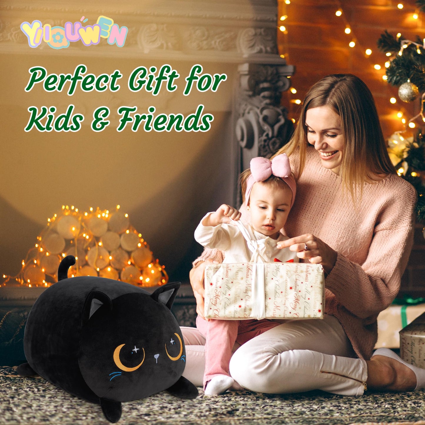 YIIQUWEN Black Cat Plush – Cat Family with Four Kittens, Gift for Kids