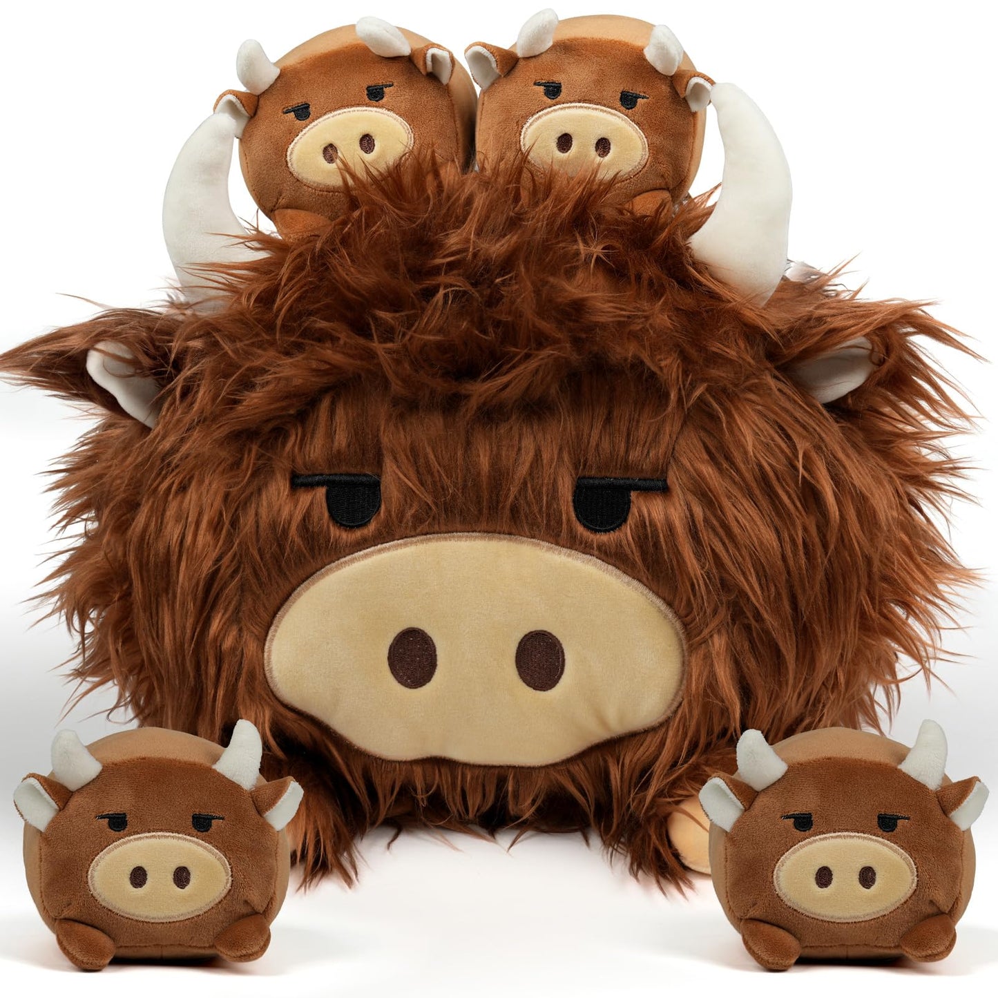YIIQUWEN Highland Cow Mommy Plush Set with 4 Baby Calves – Soft Stuffed Animal & Plush Pillow