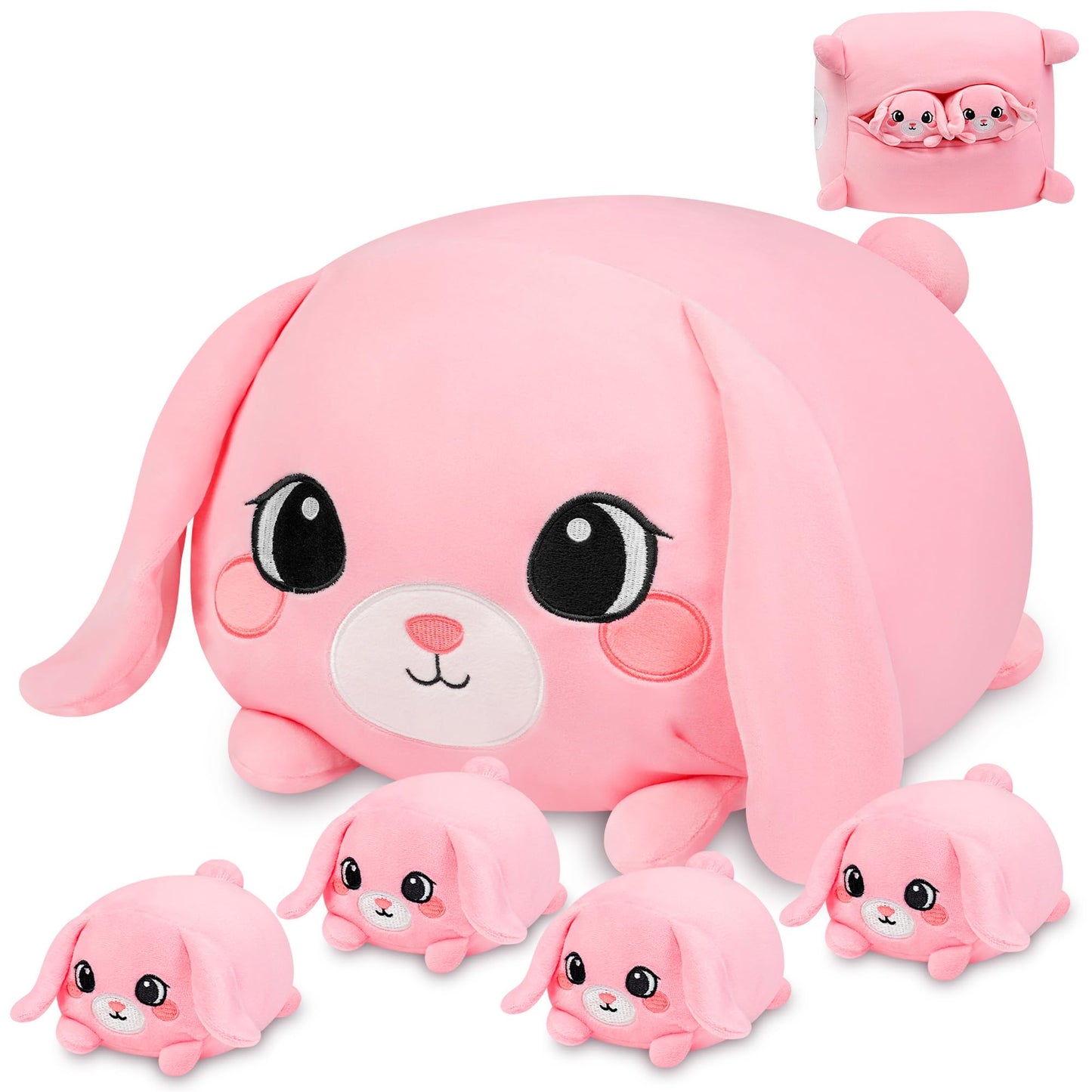 YIIQUWEN Pink Bunny Plush Set with 4 Baby Bunnies – Soft Stuffed Toy Pillow & Gift for Kids