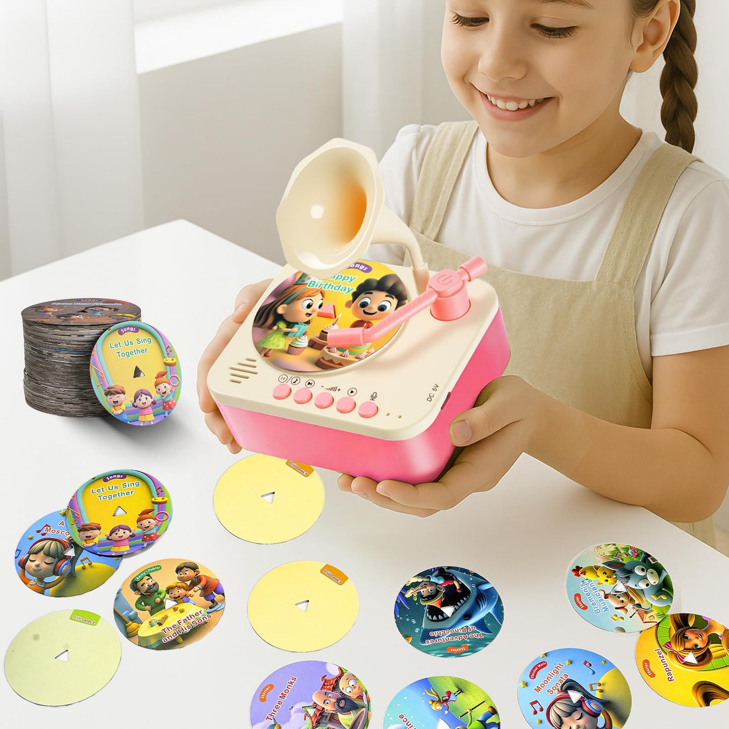 yimido Kids Phonograph Toddler Record Player – 96 Learning Cards, Portable Storyteller & DIY Recorder