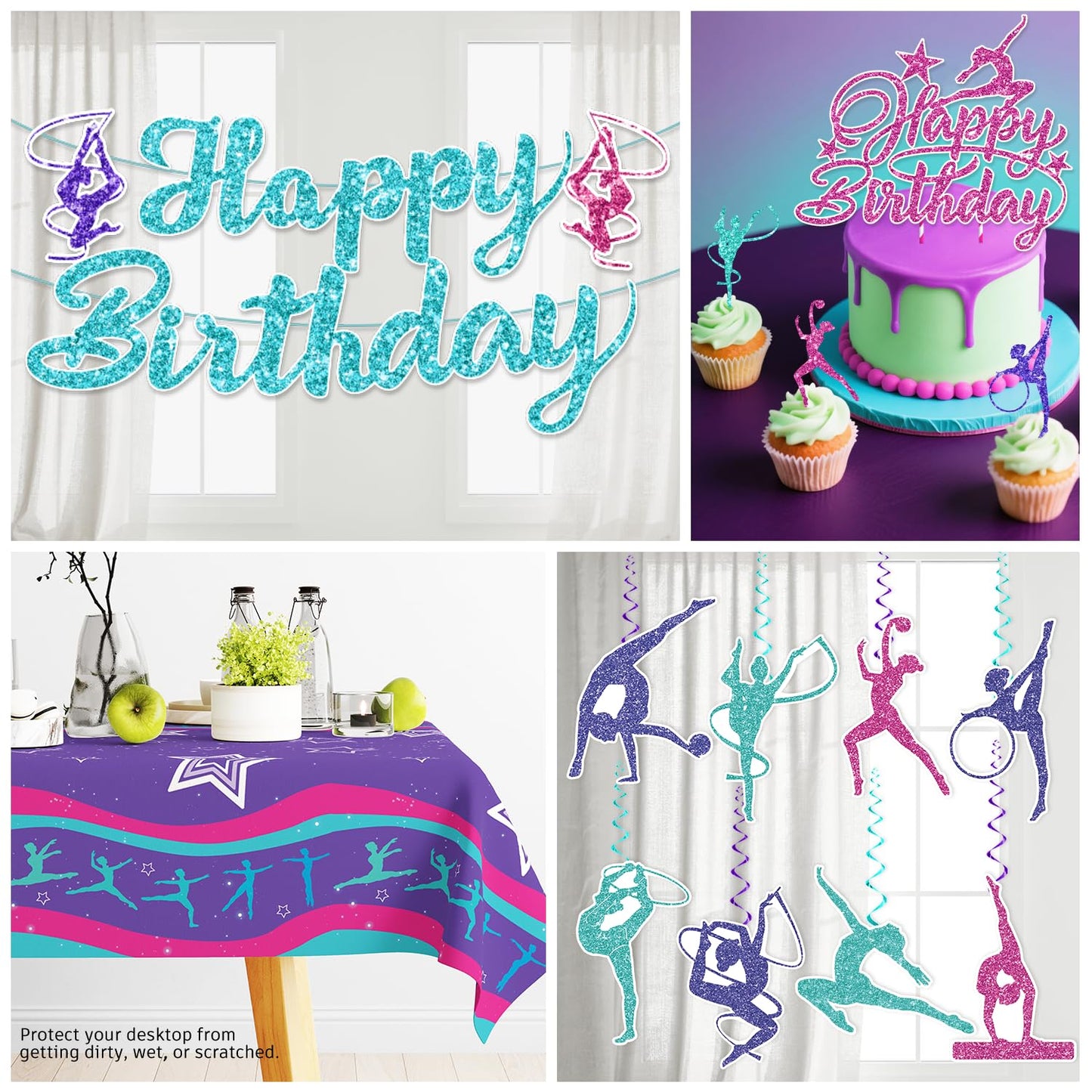 Yingoto 170 PCS Gymnastics Birthday Party Decorations for 20 Guests | Banner, Balloons, Cake Topper, Plates & Napkins