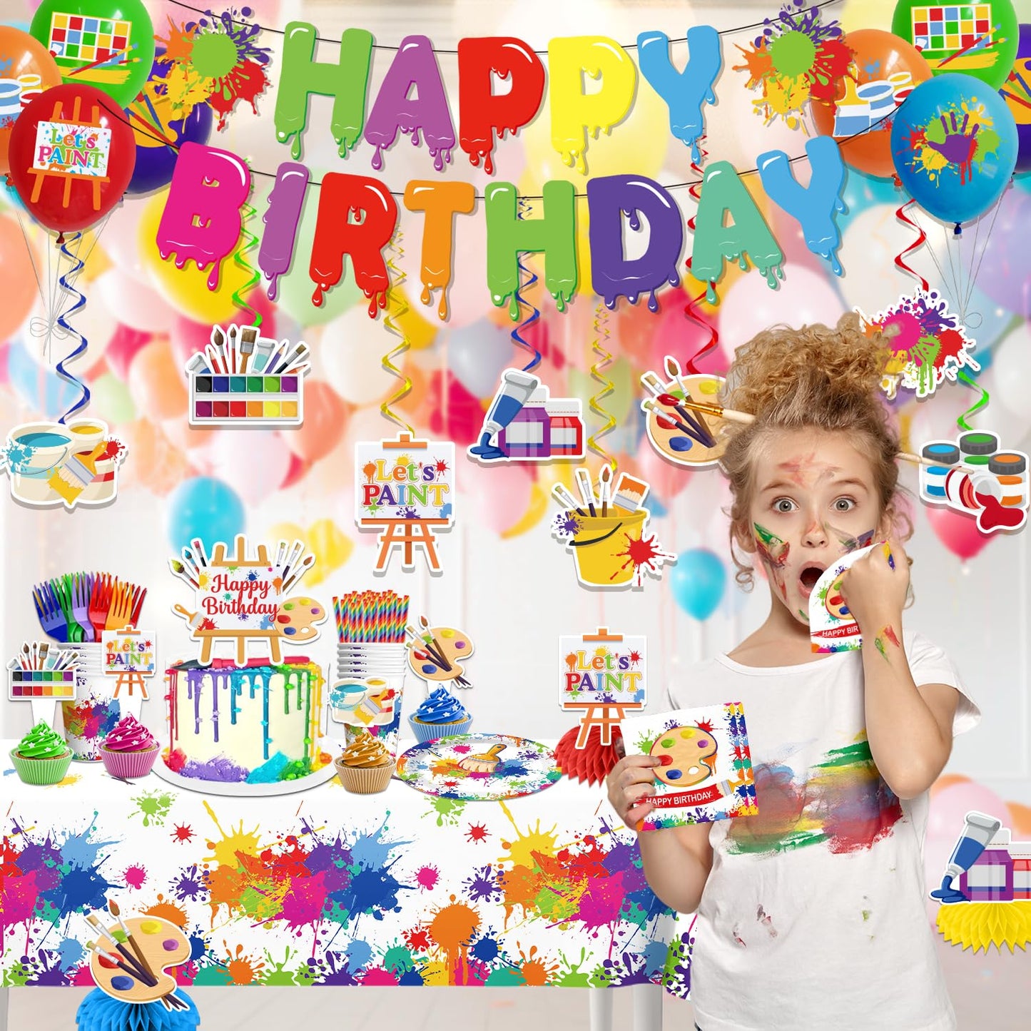 Yingoto 200pc Paint Party Decorations – Disposable Tableware & 2 Tablecloths