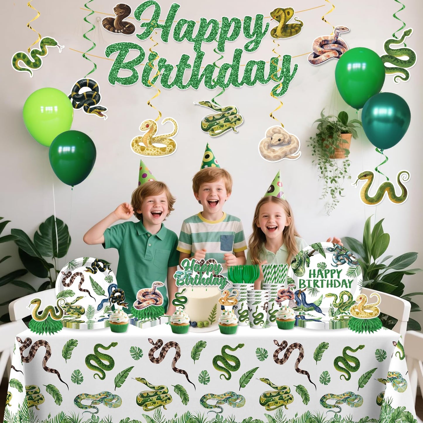 Yingoto Snake Party Decorations – Jungle Reptile Birthday Banner, Tableware & Cake Topper Set