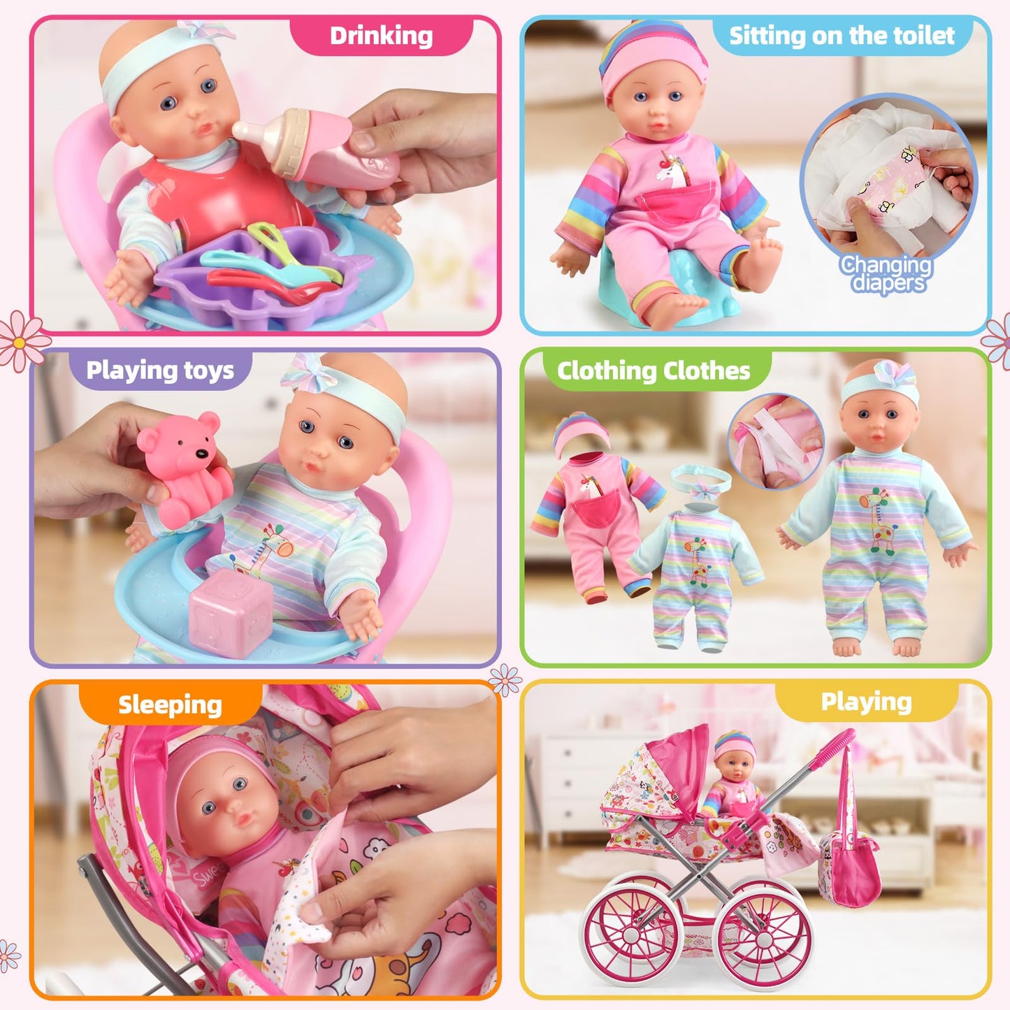 YIYBM Baby Doll Stroller Toys Set with 12.5-Inch Doll, 24 Accessories & 2 Clothes Sets | Pretend Play Kit