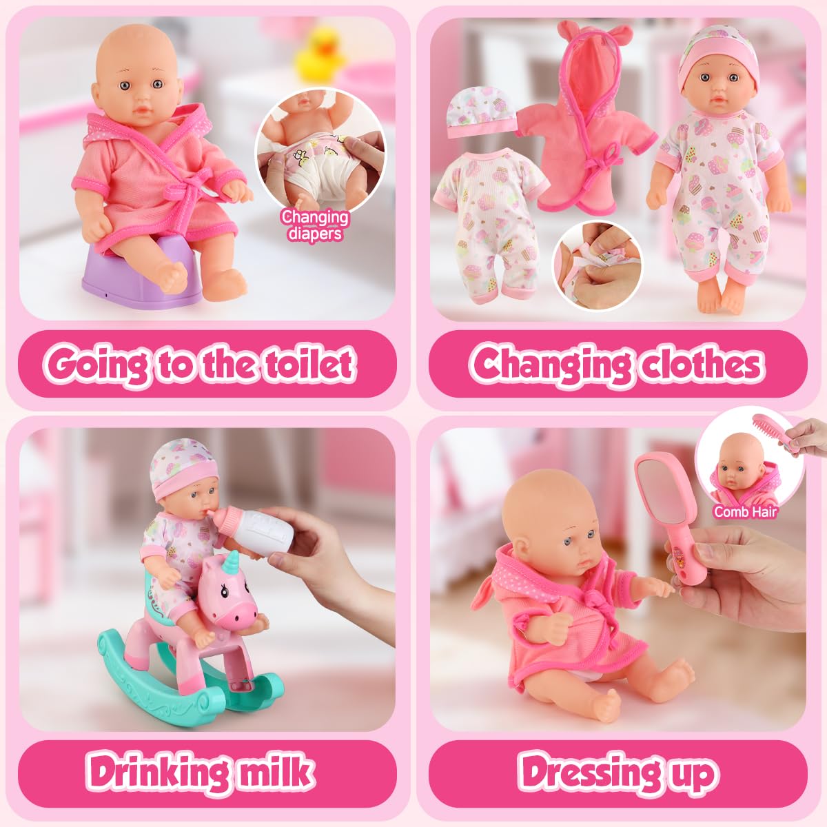YIYBM Baby Doll Bath Toys Set with Bathtub, 12.5" Doll, Rocking Chair, Swimming Ring & 15 Accessories – Pretend Play Gift for Girls 3–6