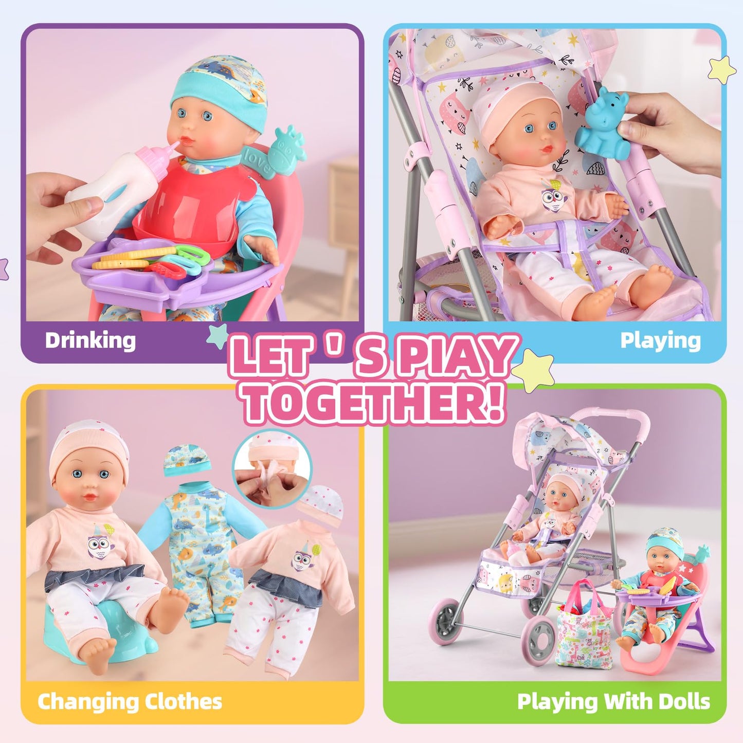 YIYBM Baby Doll Stroller Play Set – 12.5-inch Doll, Dining Chair, 20 Accessories for Pretend Play (Ages 3-6)