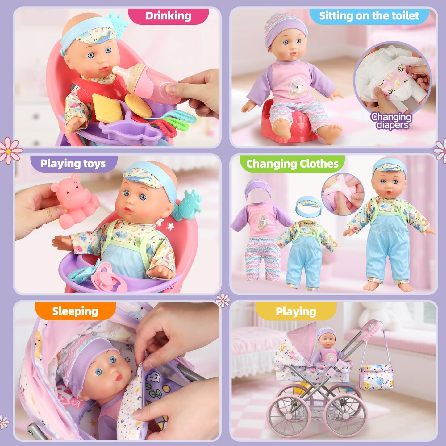 YIYBM Baby Doll Stroller Playset – 12.5-Inch Doll, 24 Accessories, 2 Outfit Sets (Ages 3–7)