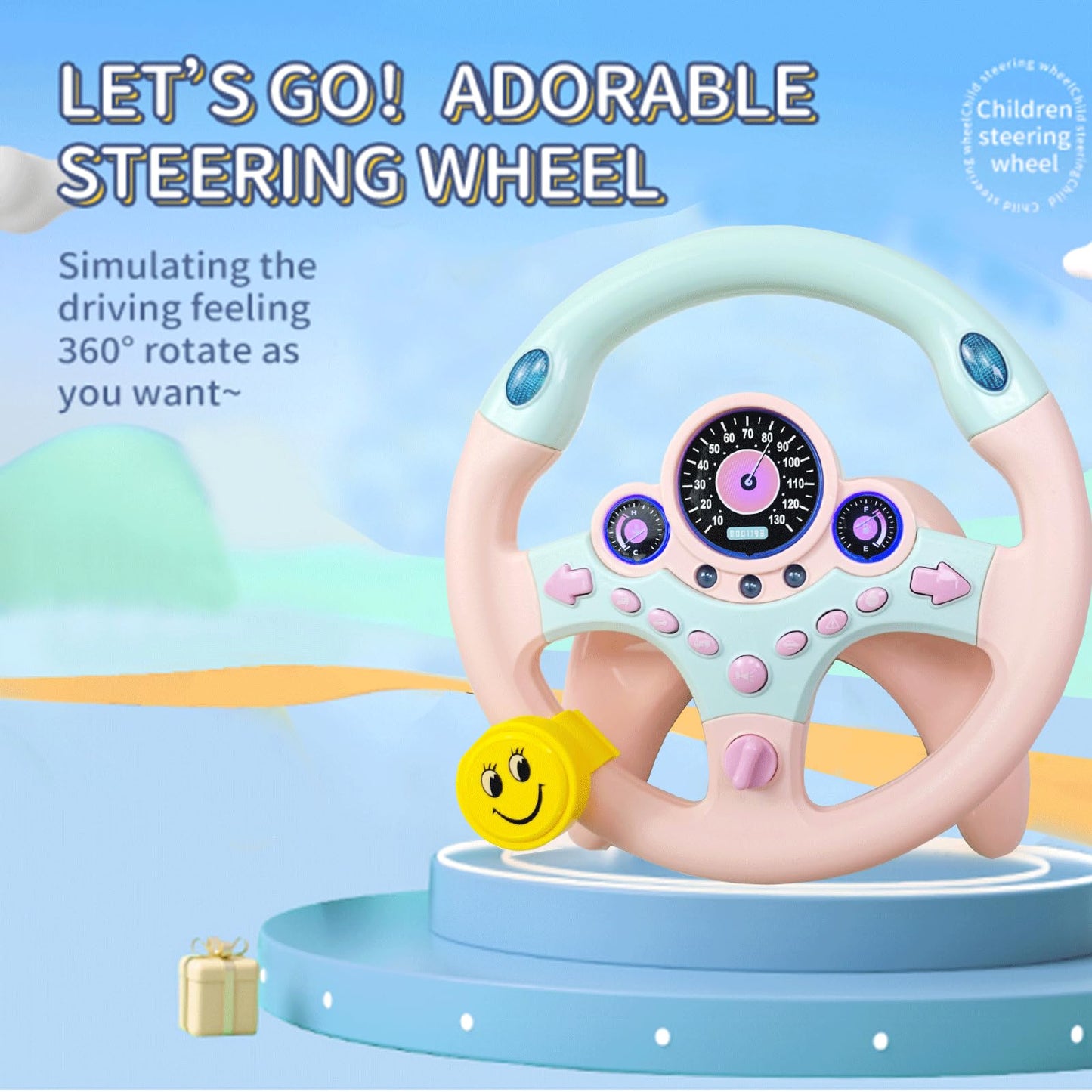 YIYZAOF Kids Steering Wheel Toy for Car Backseat – Light, Music, Suction Base – Pink