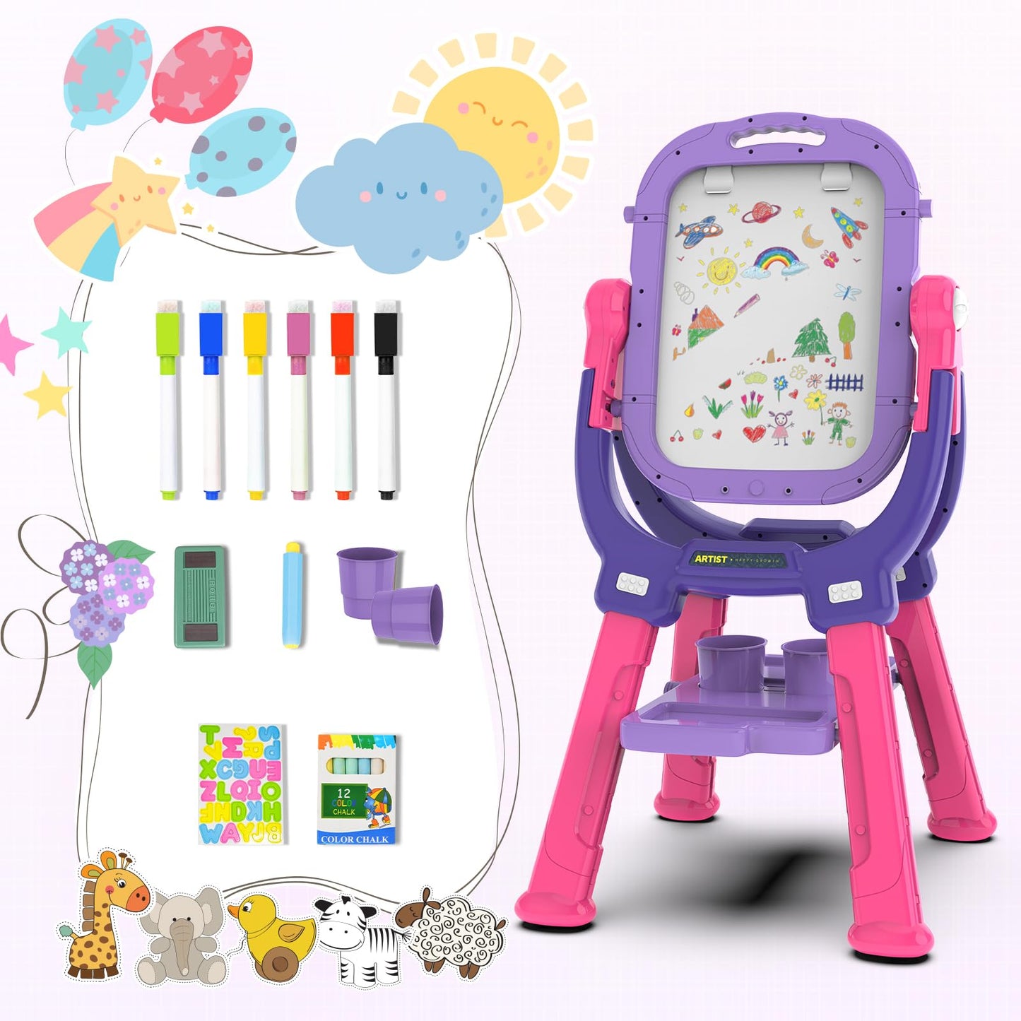 Ylovetoys Adjustable Magnetic Double-Sided Easel for Kids - Purple-Red