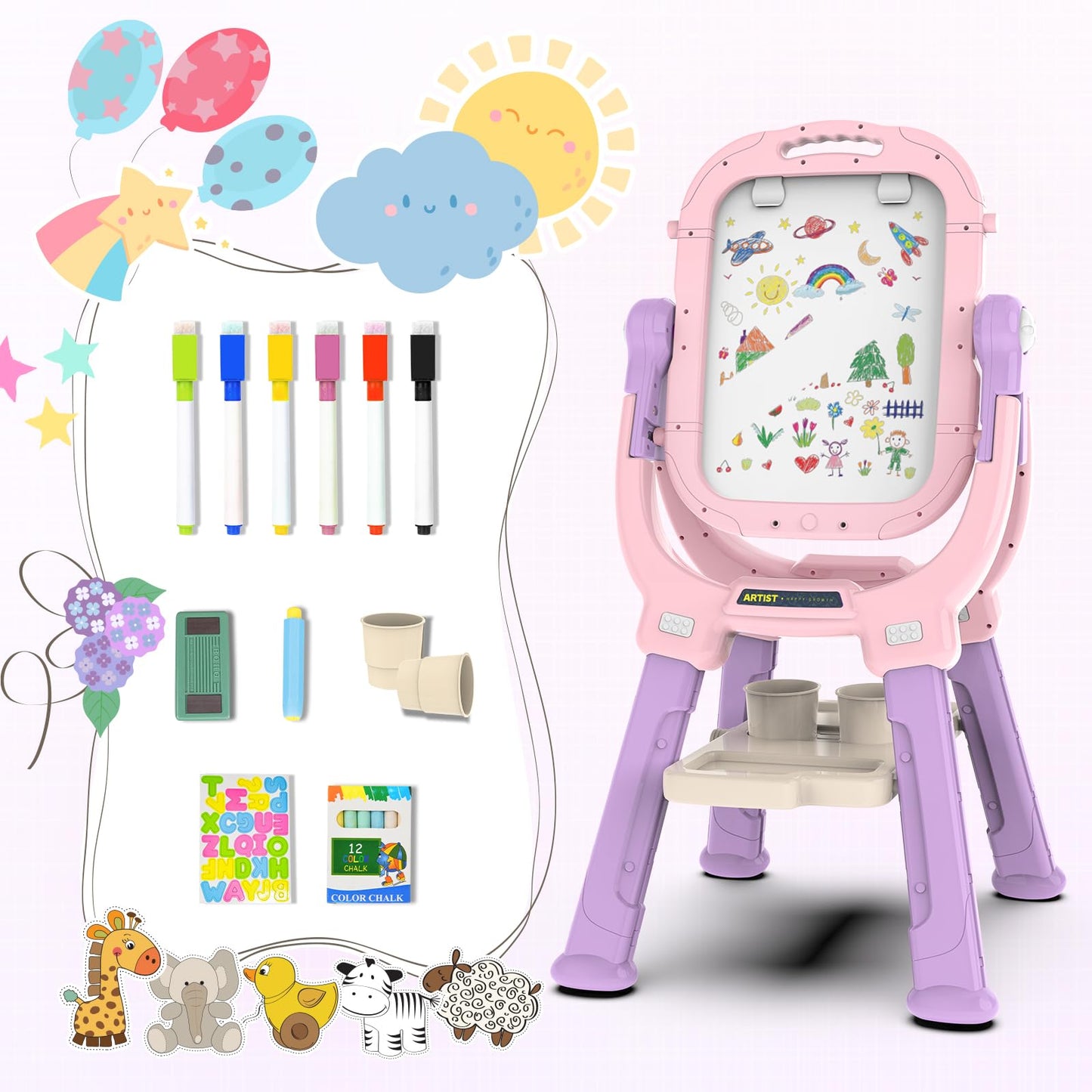 Ylovetoys Adjustable Kids Easel – Double-Sided Magnetic Art Easel with Accessories | 360° Rotating Studio | Gift for Ages 3+