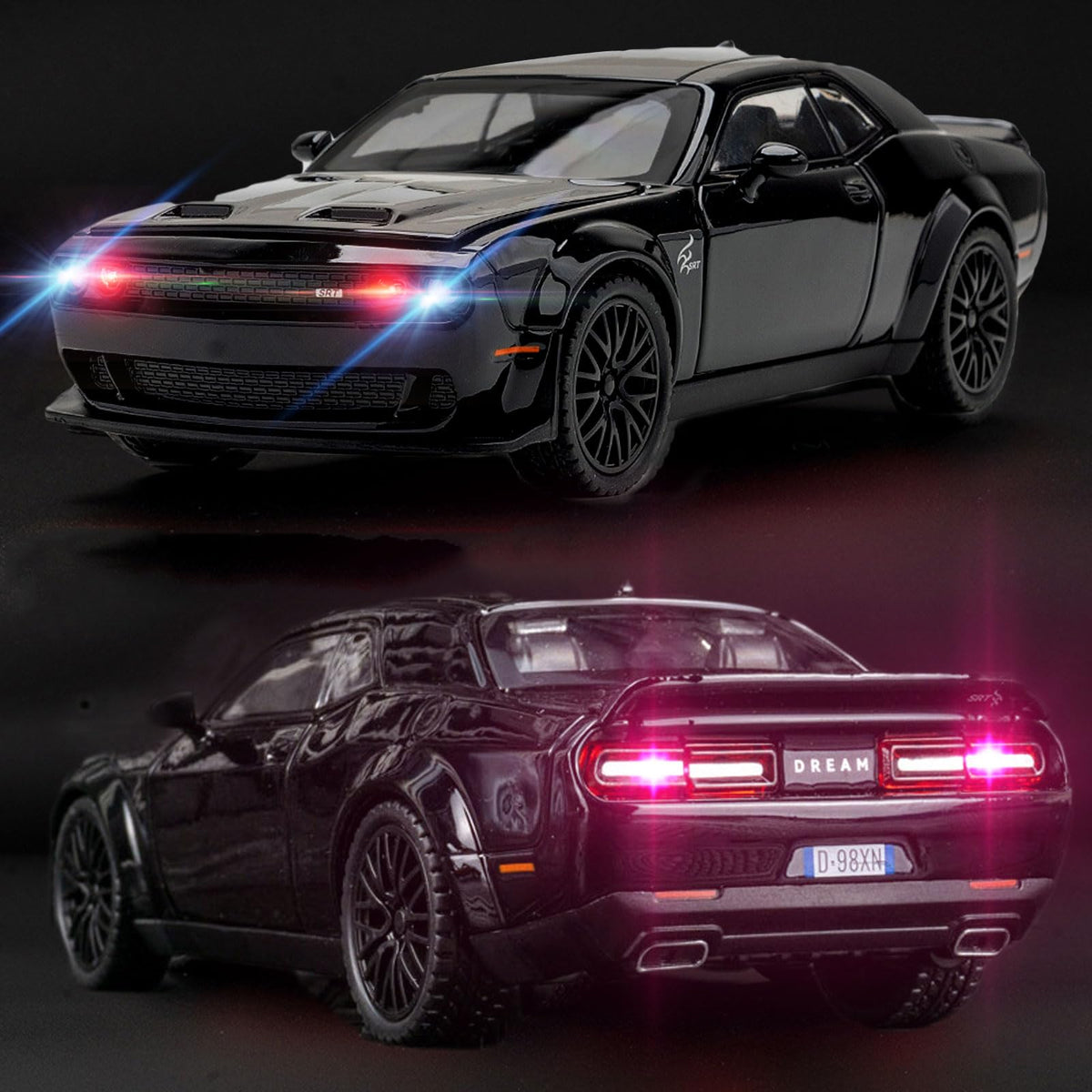 YMHAT Toy Cars 1/32 Dodge Challenger Hellcat – Die Cast with Sound & Light, Open-Door Pull-Back