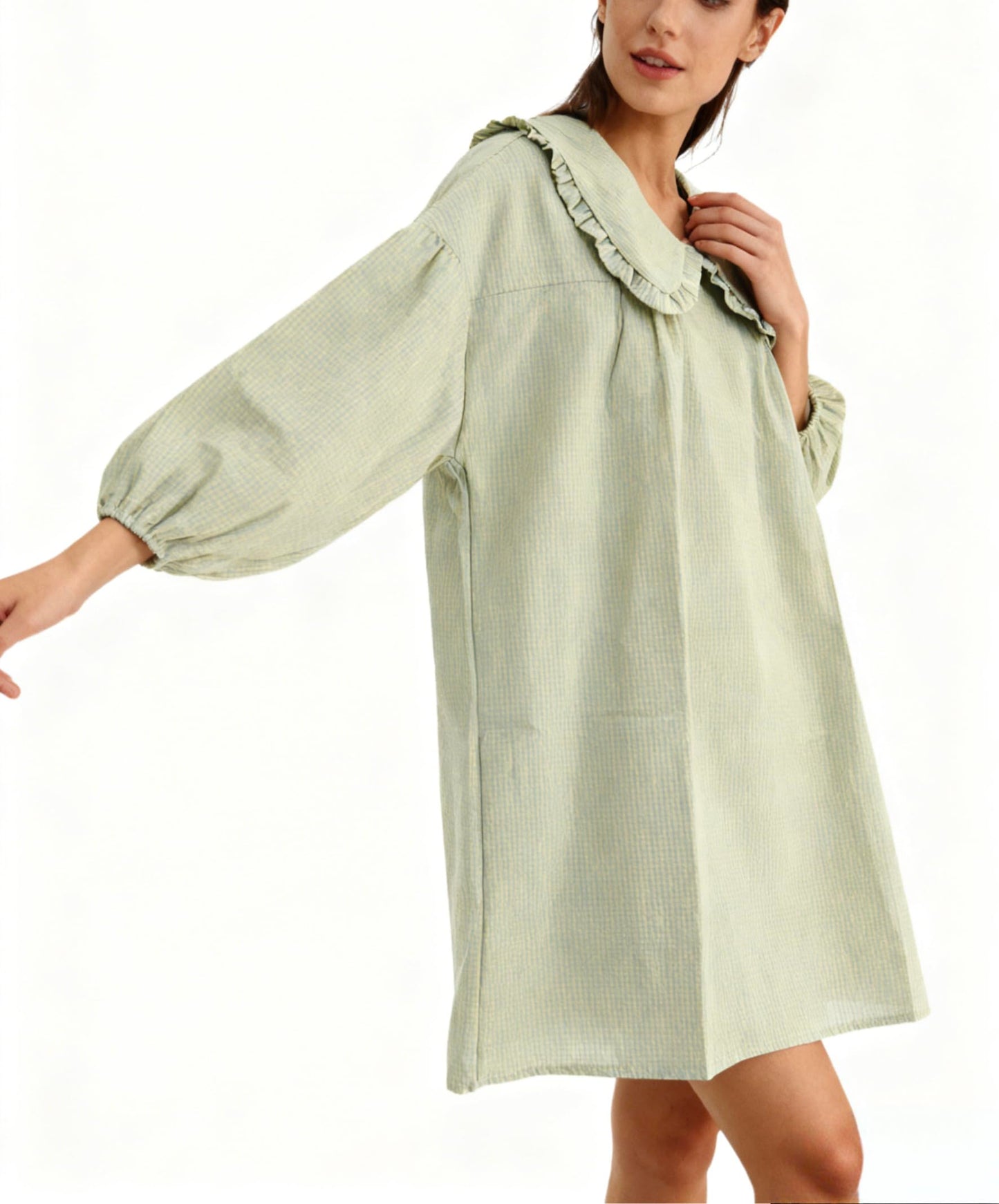 Ynhonra 2025 Women's Babydoll Dress – Lime Plaid Mini with Doll Collar & Loose Fit