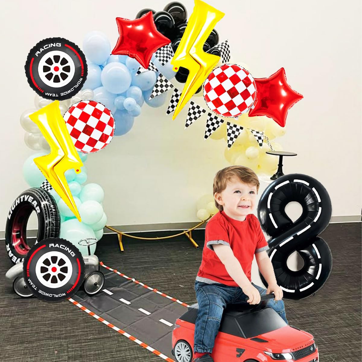 YNITSED Race Car Birthday Decorations – 40 Inch Racetrack Number Balloon Set for Boys' 8th Birthday