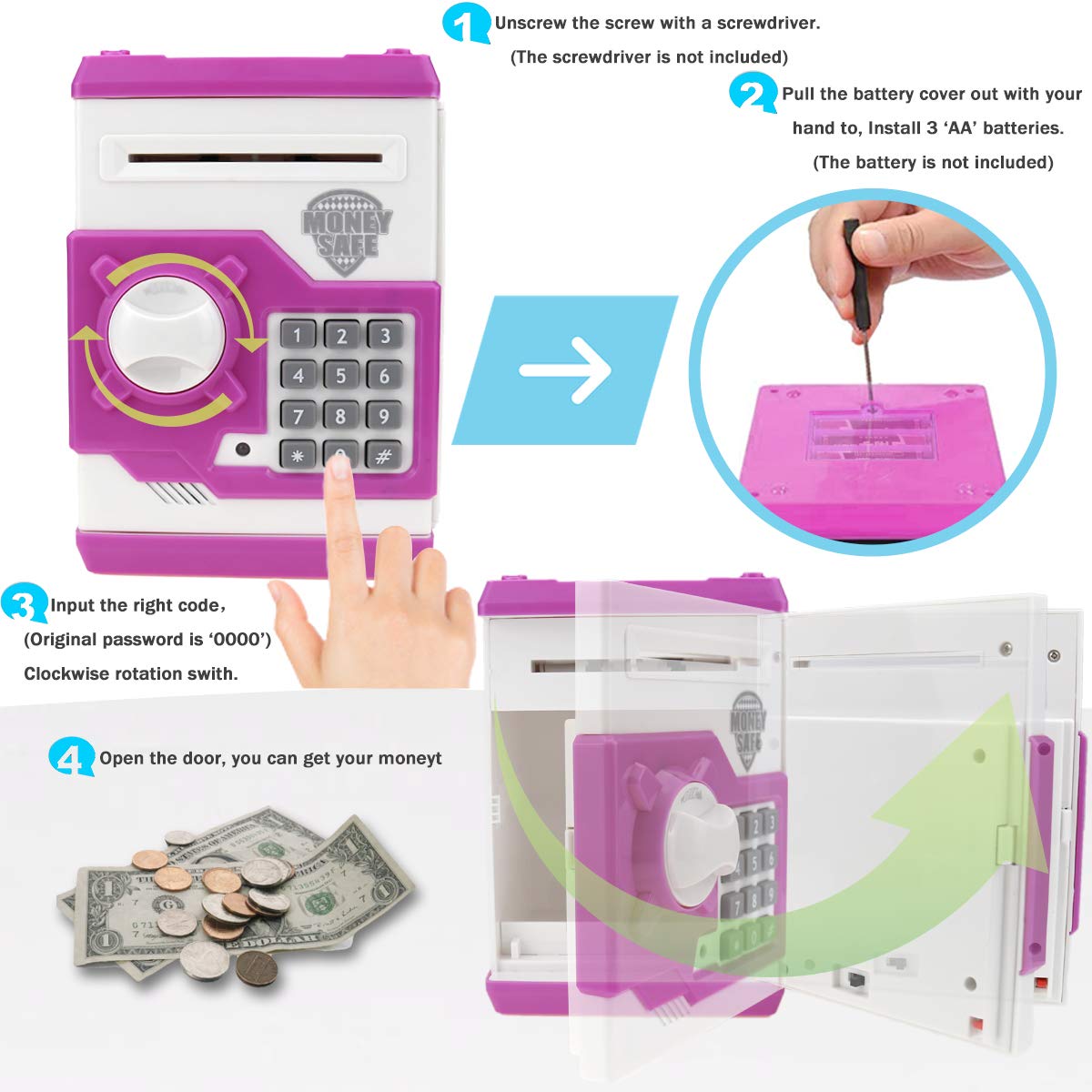 YOEGO Kids Money Bank – Electronic Piggy Bank with Auto Scroll & Password (Pink)