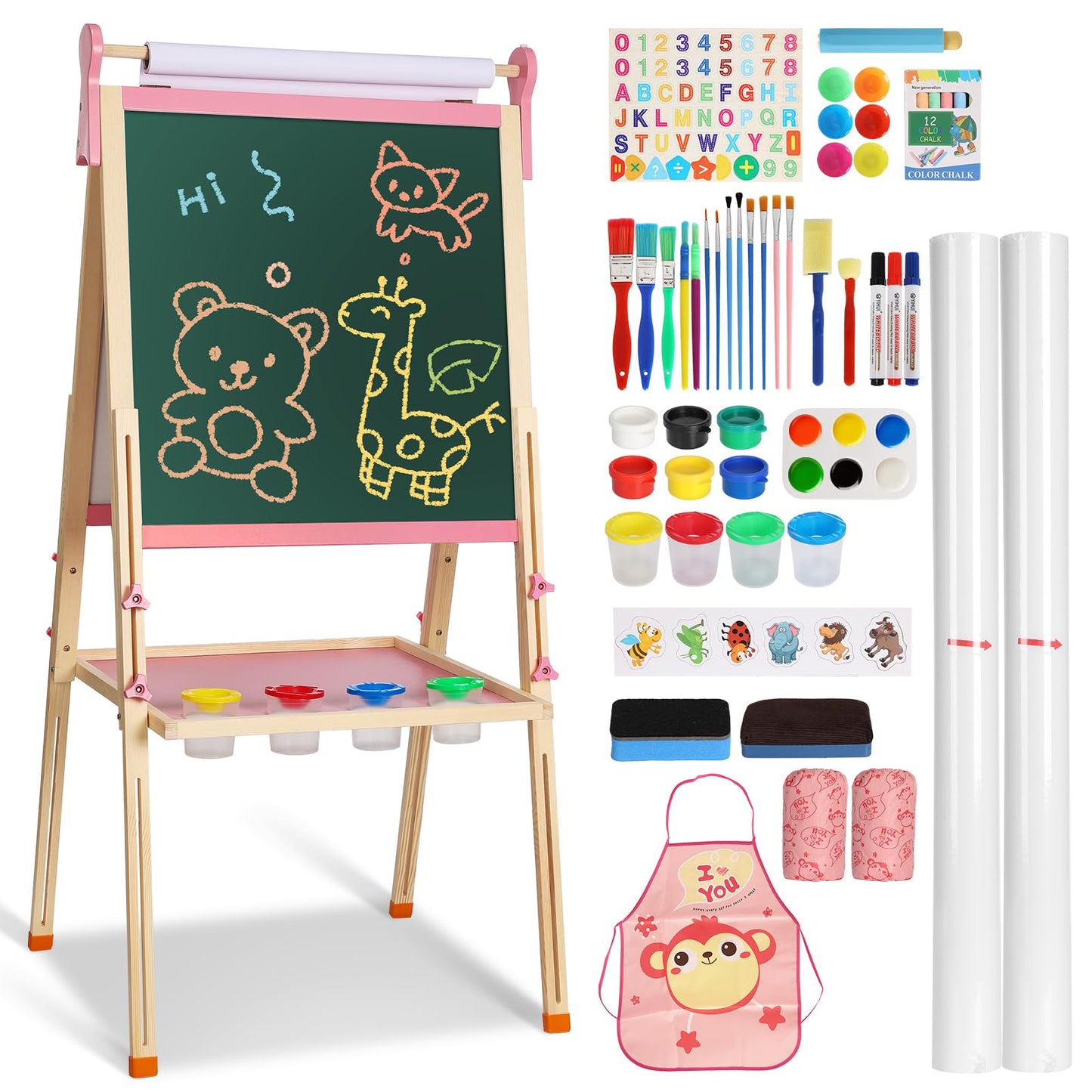 YOHOOLYO Kids Easel – Wooden Double-Sided Magnetic Whiteboard & Chalkboard, Adjustable Height