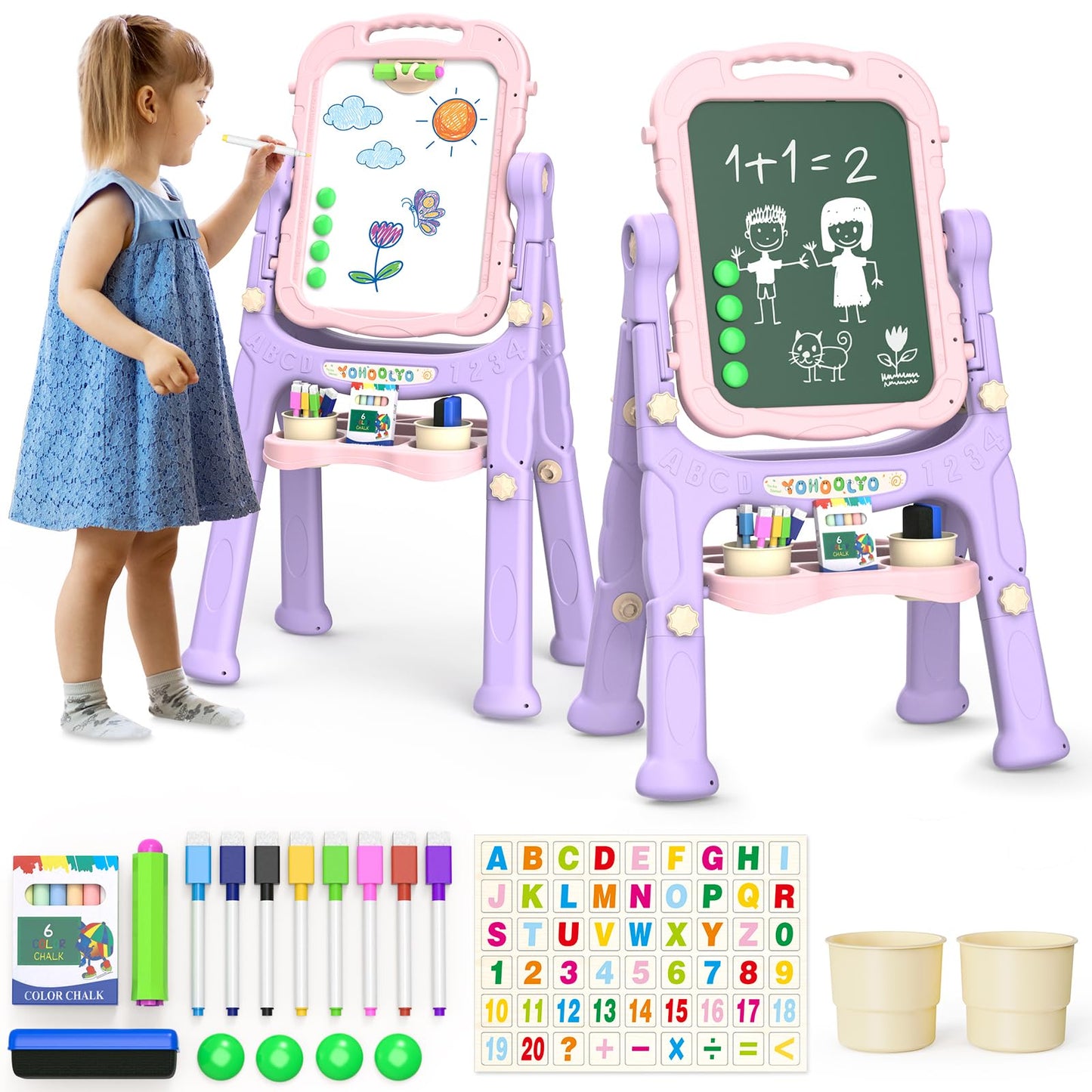 YOHOOLYO Kids Easel – 360° Double-Sided Magnetic Board (Pink/Purple)