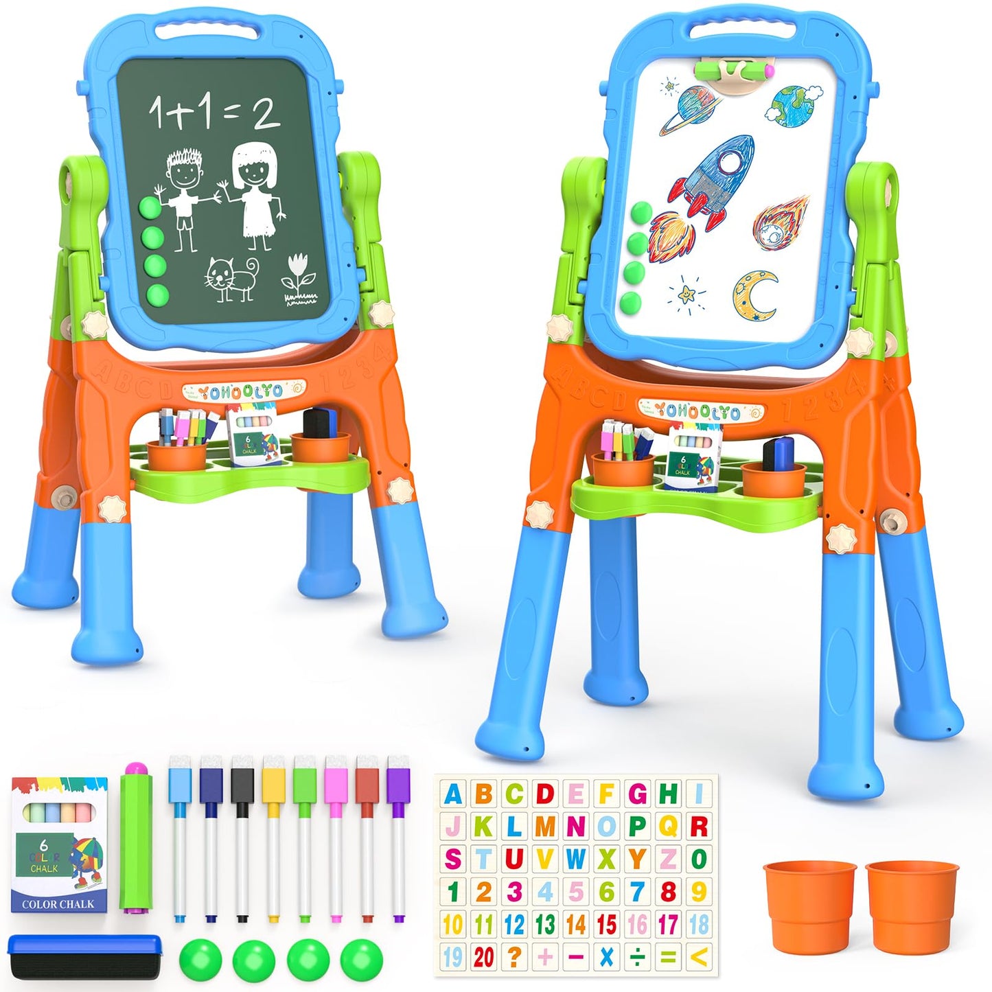 YOHOOLYO Kids Easel – Double-Sided Magnetic Whiteboard & Chalkboard (360° Rotatable) Pink & Purple