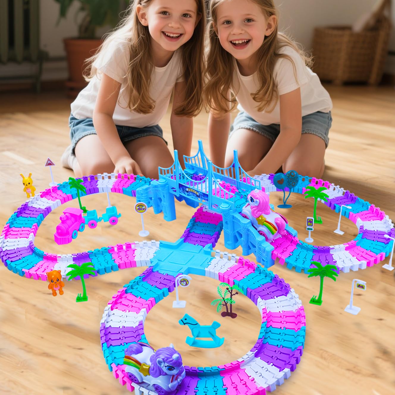 Yomwet Tracks Car Toys Set – 248-Piece Pink Rainbow Race Track with Unicorn Car & Pink Train