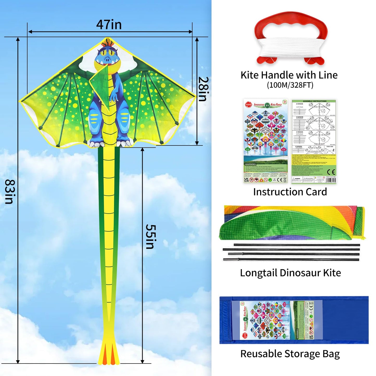 YongnKids Dinosaur Kite – Large 120x210cm, Easy to Fly for Kids Aged 4-12