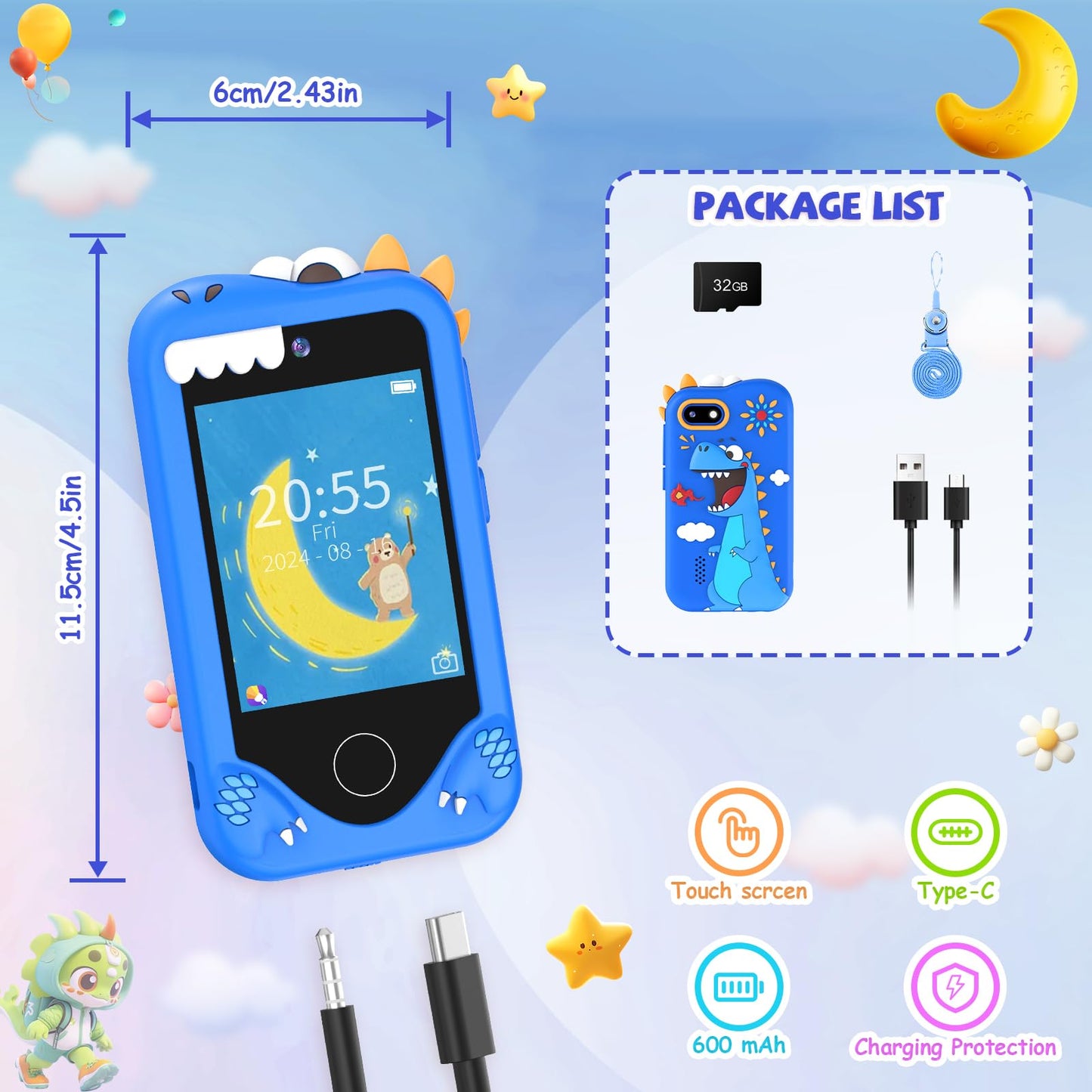 Yosfeng Kids Smart Phone for Girls - Dual-Camera Learning Toy for Ages 3-6 with 32GB Card