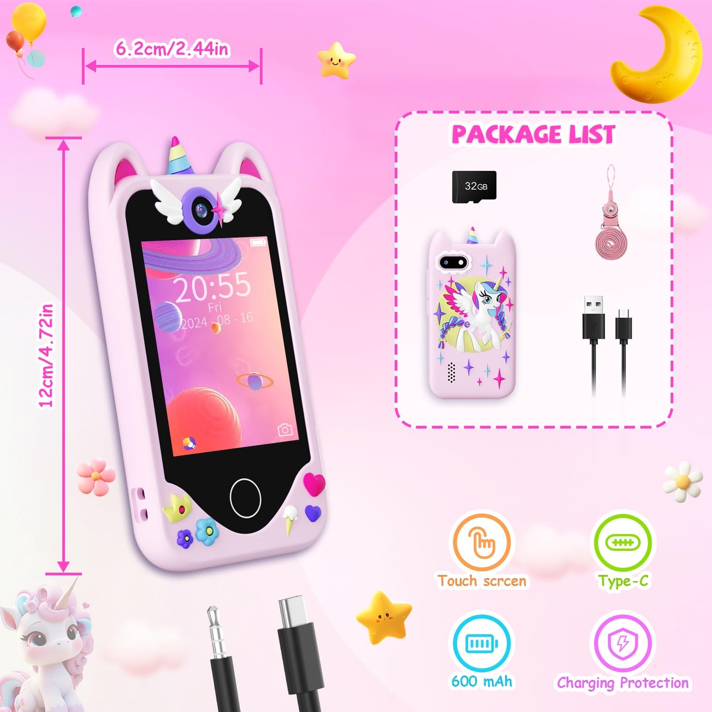 Yosfeng Kids Smart Phone for Girls — Learning Toy with Dual Cameras & 32GB Card (Ages 3-6)