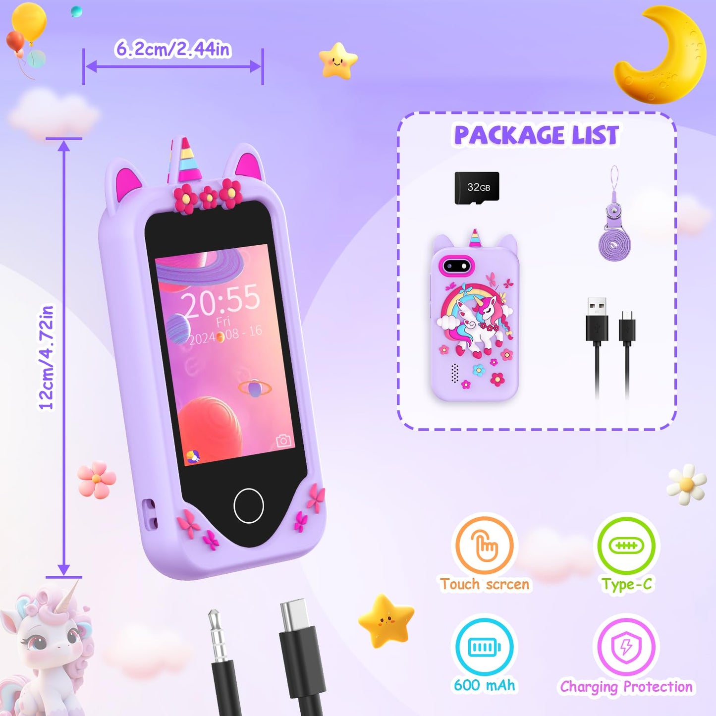 Yosfeng Kids Smart Phone Toy – Dual Cameras, Learning & MP3 Player (32GB)