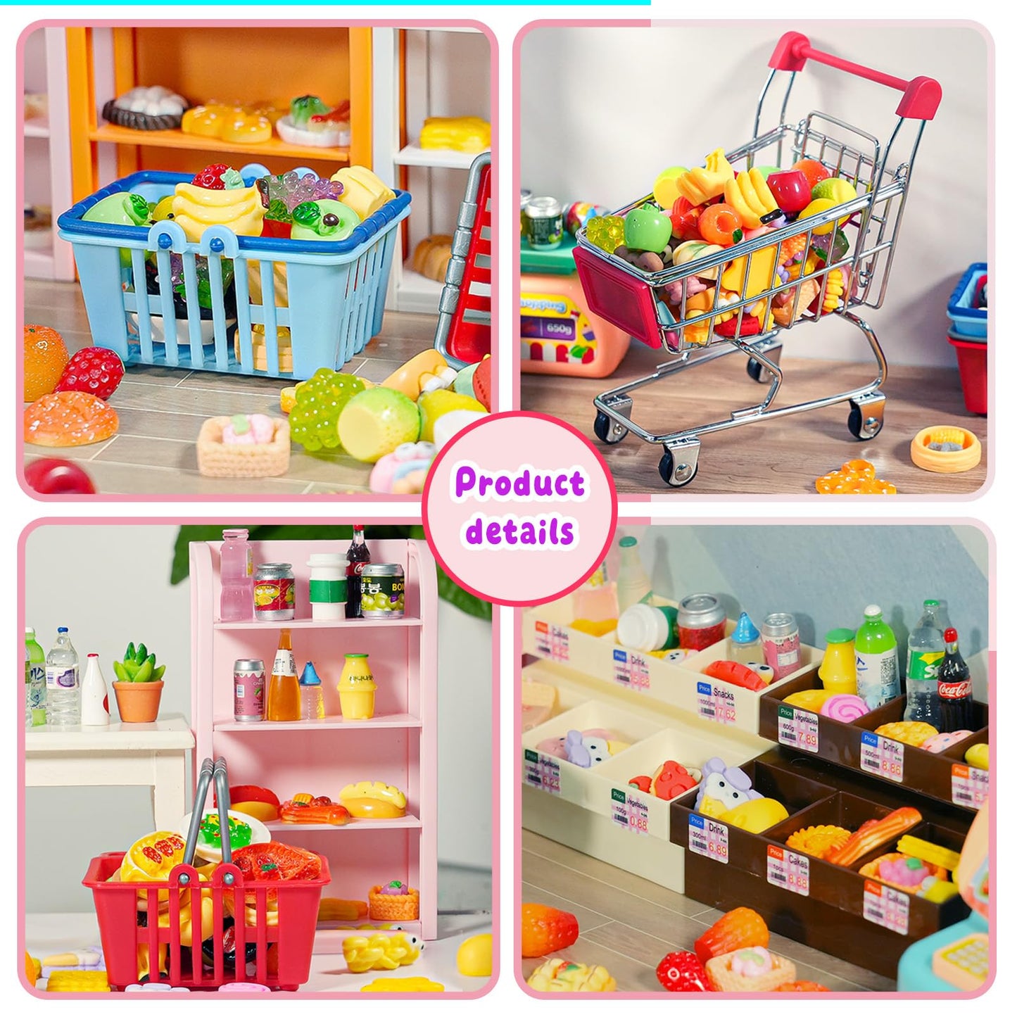 YOUHORYA 183Mini Grocery Playset – Dollhouse Cart, Shelves, Cash Register & Mini Food