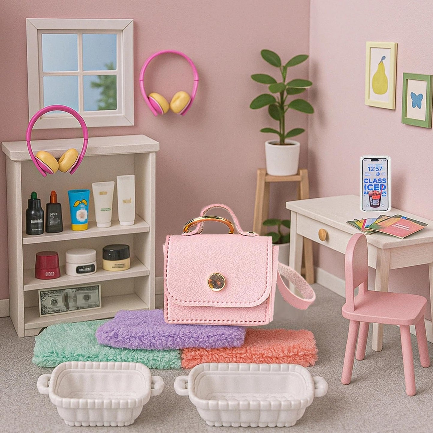 YOUHORYA 116Pcs Dollhouse Accessories Set – Makeup Tools, Bathroom, Handbag Miniatures