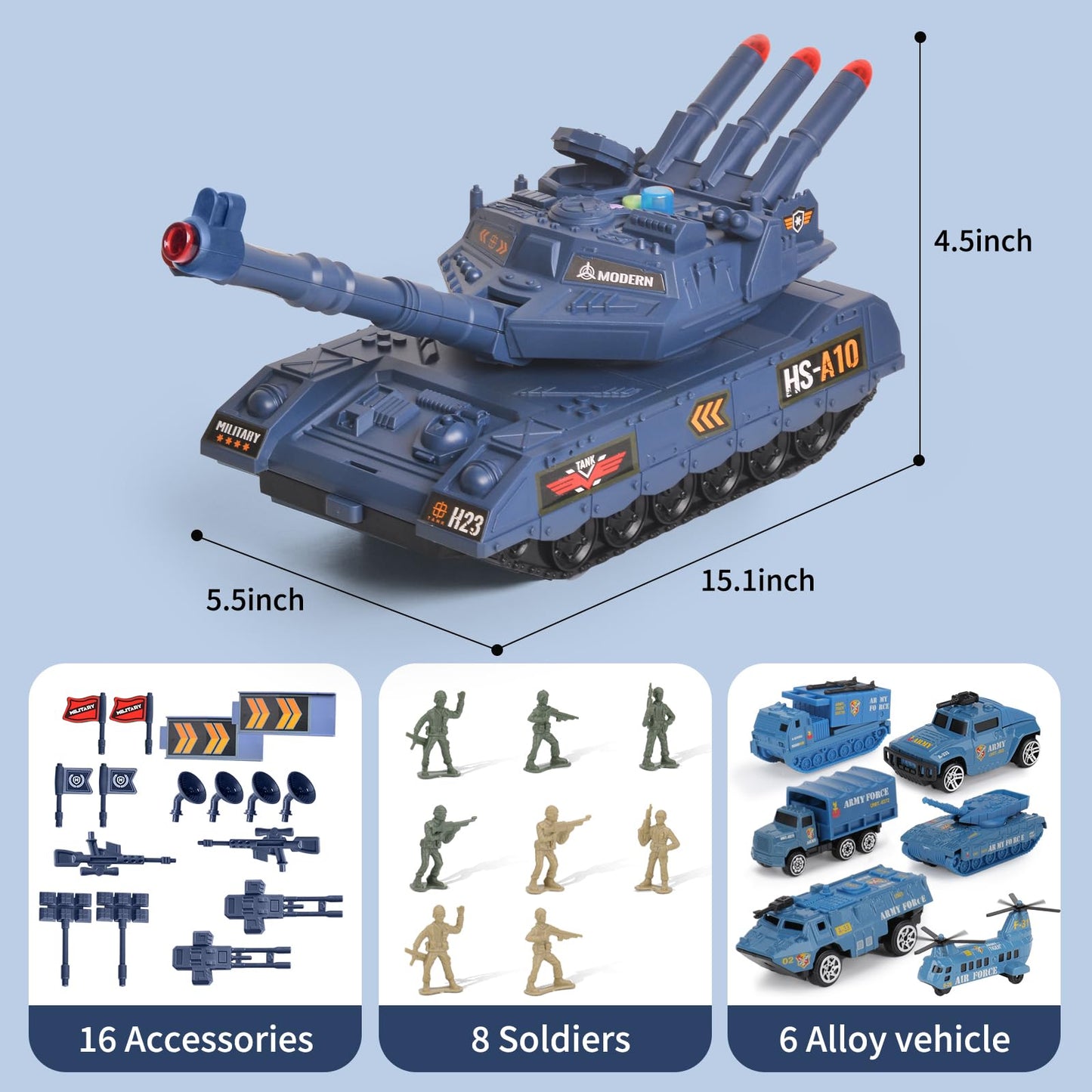 Youlechen Army Toys - 6 Mini Vehicles & 8 Army Men, Light & Sound Military Tank Set for Kids 3-6