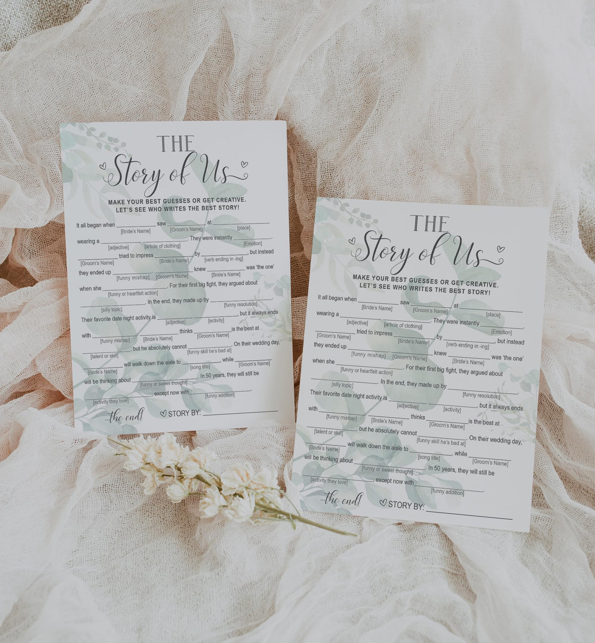 Your Main Event Prints Our Love Story Game – 50 Whimsical Eucalyptus Bridal Shower Cards