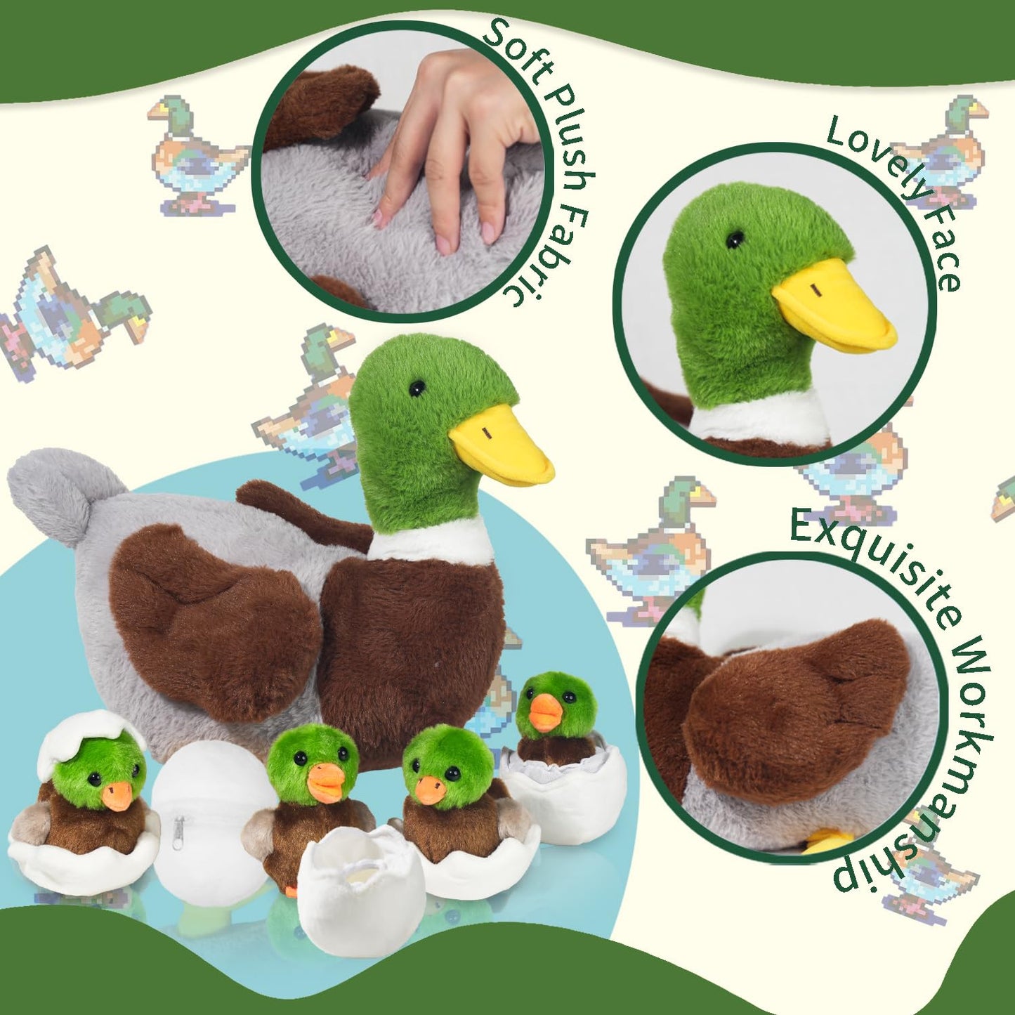 7-in-1 Mallard Duck Plush Set – 12-Inch Mommy with 4 Babies | Youthfuljive