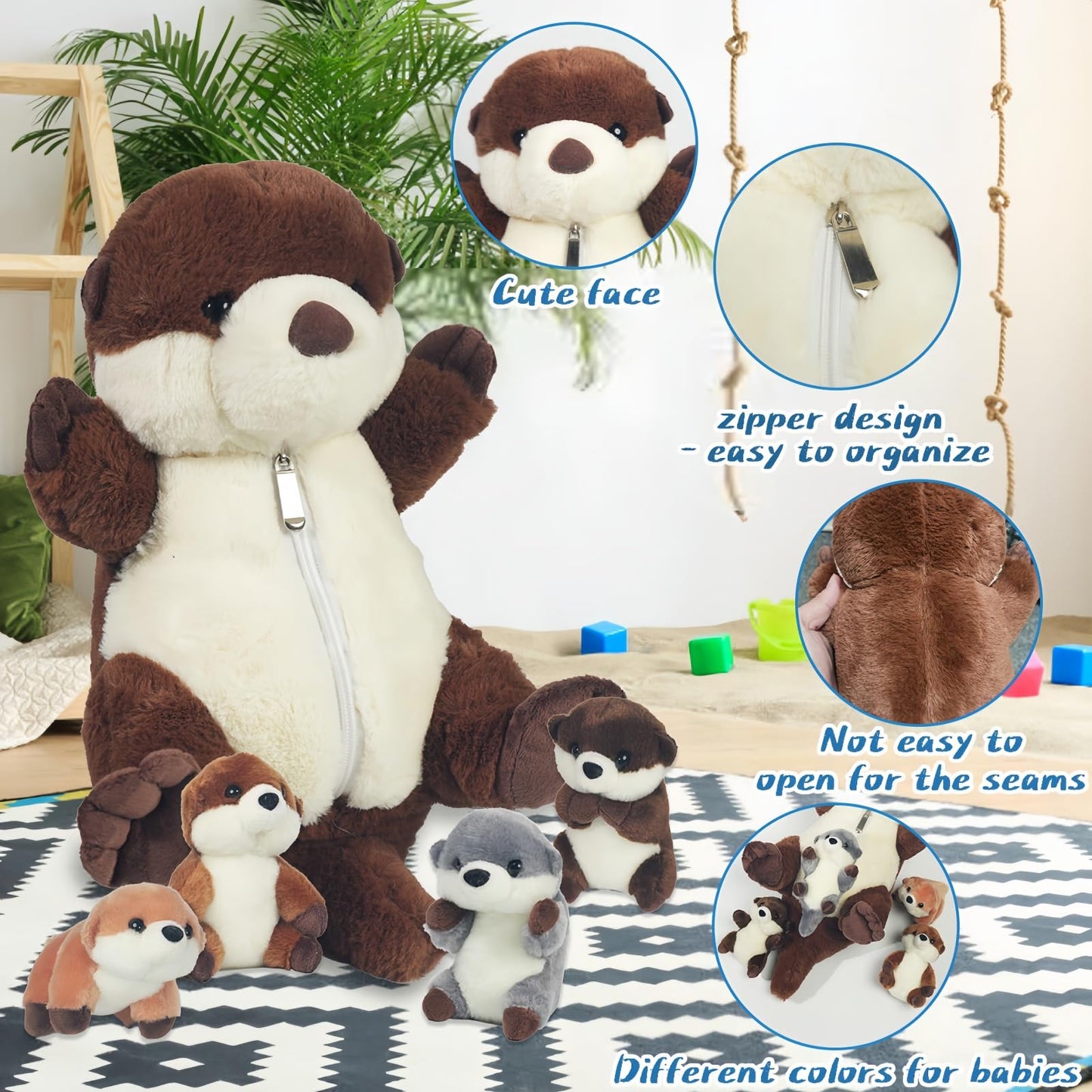 Youthfuljive Sea Otter Plush Set – 5 Pcs with Zipper Pouch (Mommy + 4 Babies)
