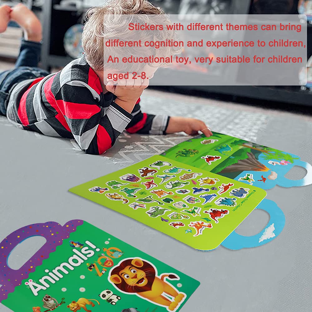 Yowlieu Reusable Sticker Books for Kids | 3 Travel Sets (Zoo, Ocean & Dinosaur) Ages 3-5