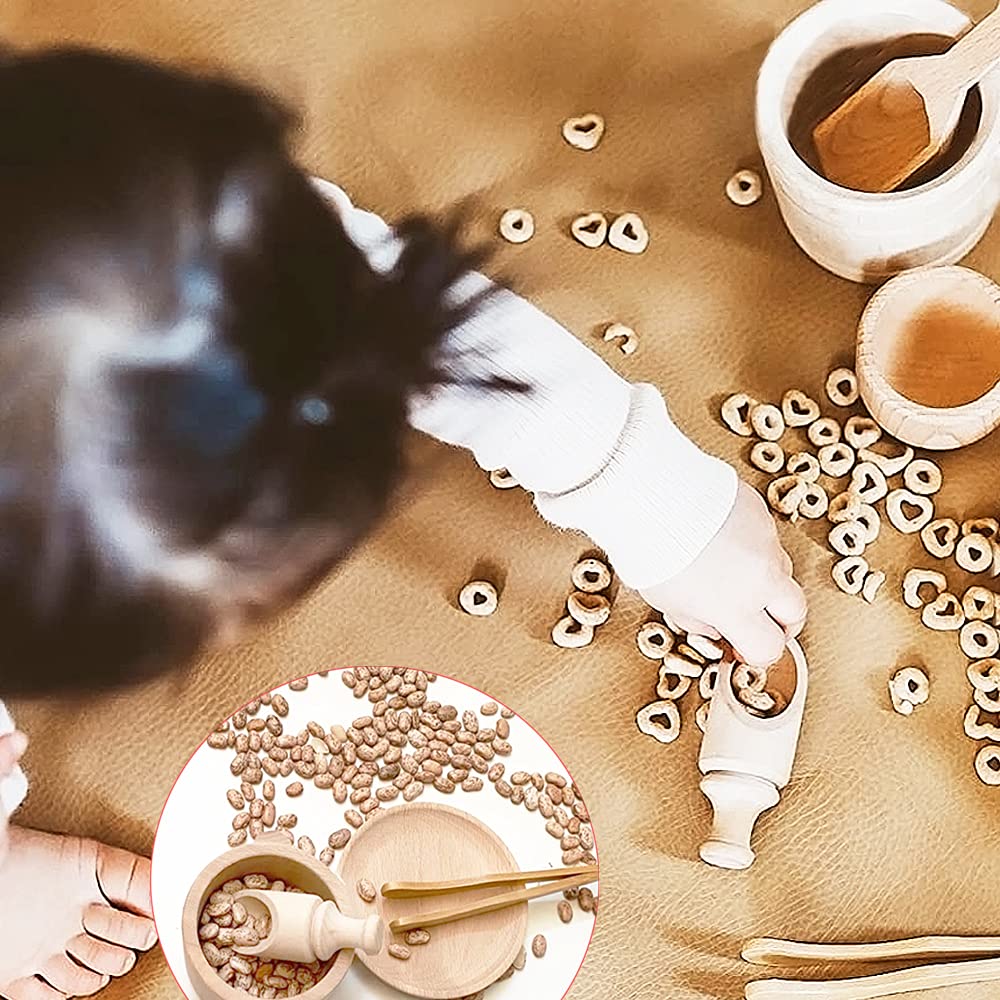 Yowlieu Montessori Sensory Bin Tools: 1 Wooden Box + 11 Wooden Toys