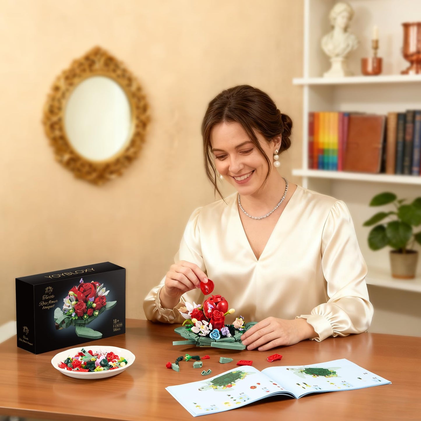 YOYBLOXY Sea Turtle Rose Bouquet Planter Building Set – 588 PCS | Creative Flower Pot Gifts for 6+