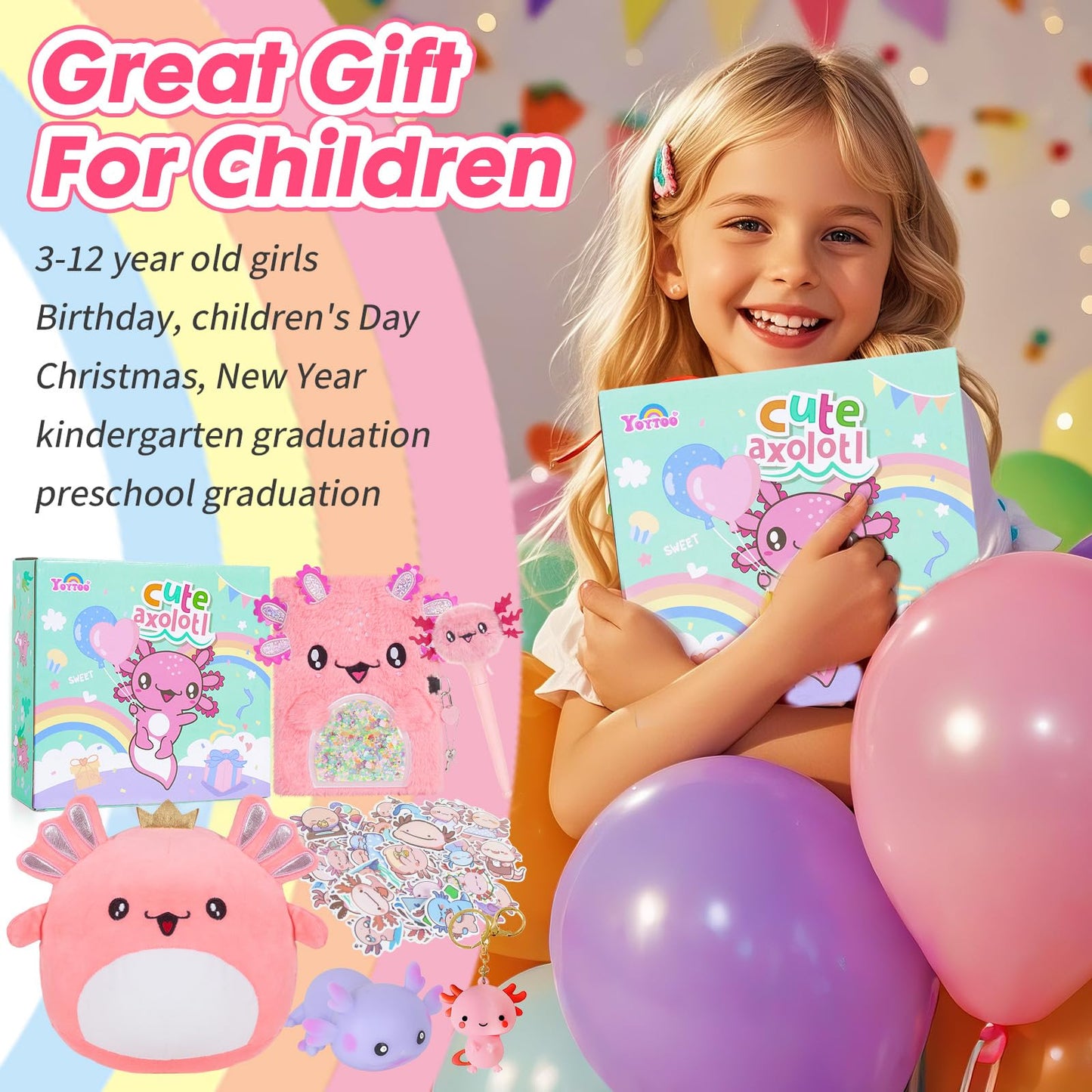 YOYTOO Axolotl Gifts for Girls – Diary, Plush Toy, Keychain & Stickers Set