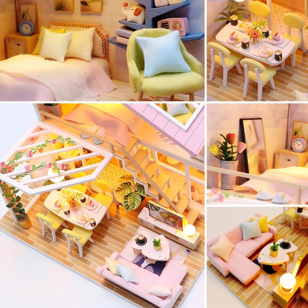 YSWOOD WORLD DIY Miniature House Kit – Loft Dollhouse with Pink Interior & LED Lights