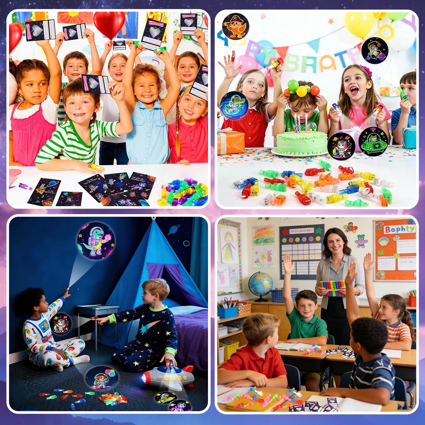 YUGYNNSI 28-Pack LED Finger Lights & Valentine Cards for Kids – Classroom Party Favors