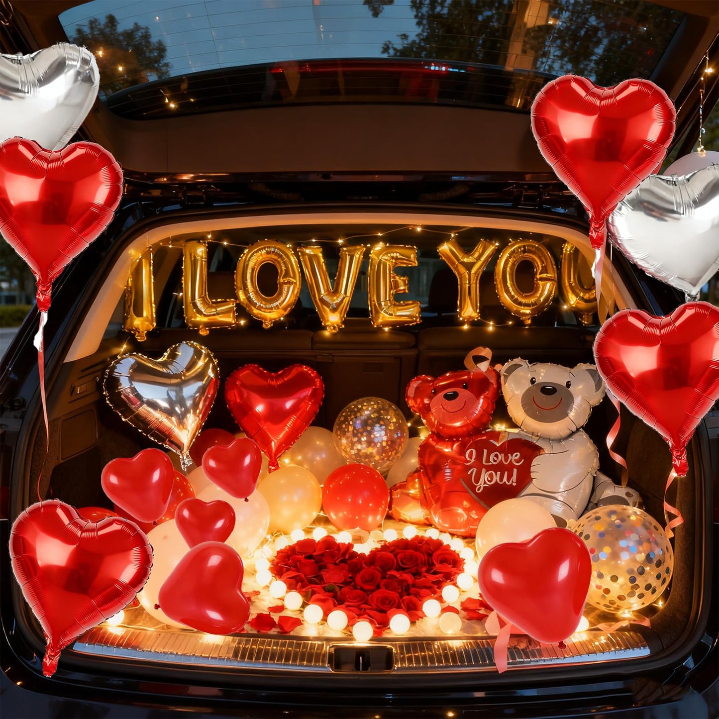 YuLeFang 54pcs Heart Balloons & Love Bear – Valentine Night Decor Set
