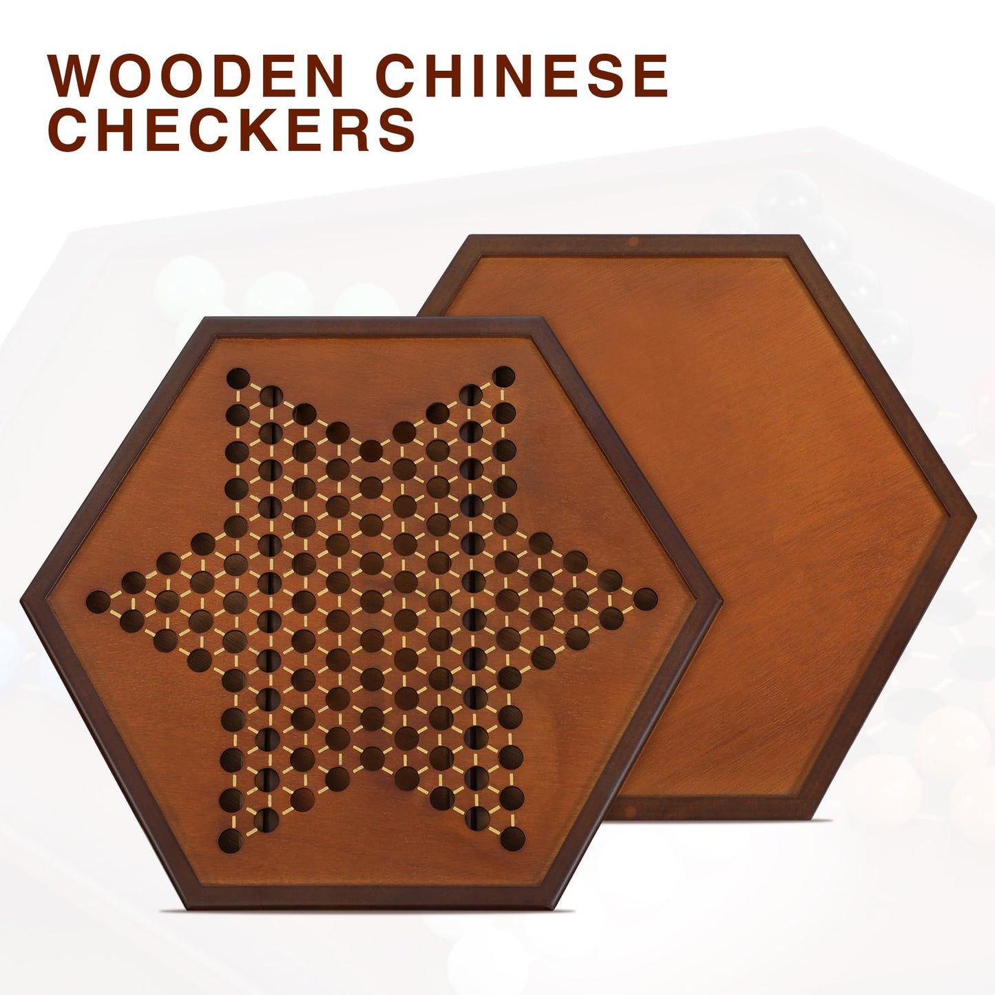 YUN RUI Chinese Checkers – 15x13 in Large Walnut Wooden Board + 72 Glass Marbles | Family Strategy Game