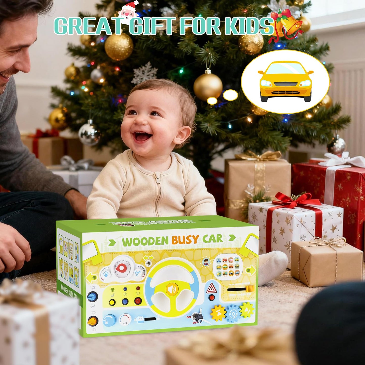 Yuyctwg Montessori Car Busy Board for Toddlers — Wooden Sensory Steering Wheel Toy