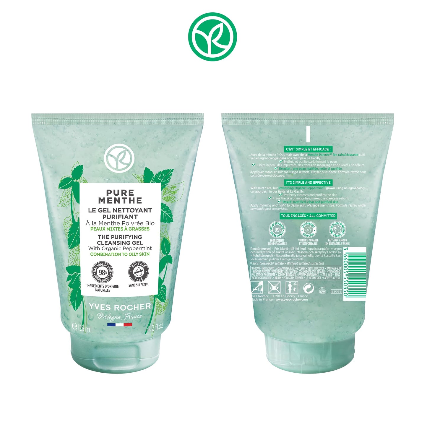 Yves Rocher Purifying Cleansing Gel Pure Menthe – For Combination to Oily Skin | 125 ml / 4.2 oz