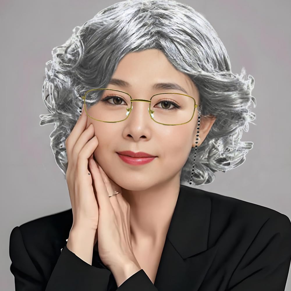 Yxtwaeh 4-Piece Old Lady Wig Costume Set — Gray Wig, Glasses & Accessories