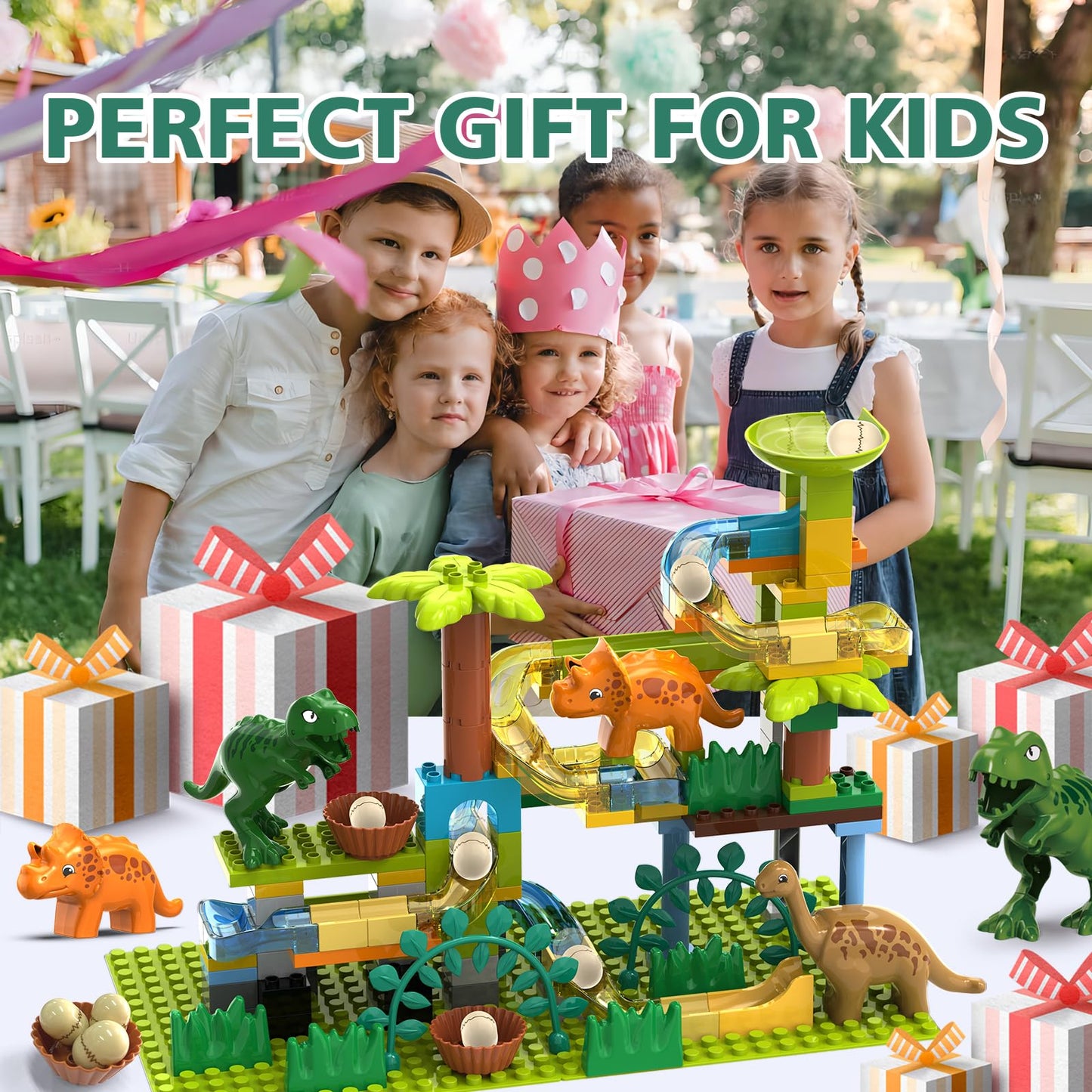 YY LANDTOYS Dinosaur Marble Run – 125Pcs STEM Building Blocks, LEGO DUPLO Compatible, for Kids 3-8