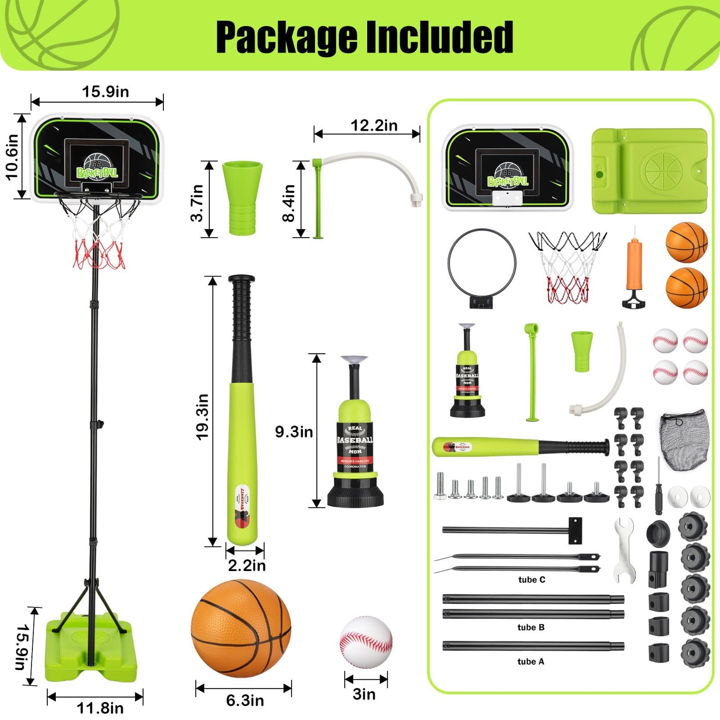 ZACEAC 4-in-1 Kids Basketball Hoop & T-Ball Set – Adjustable Height for Ages 3–12