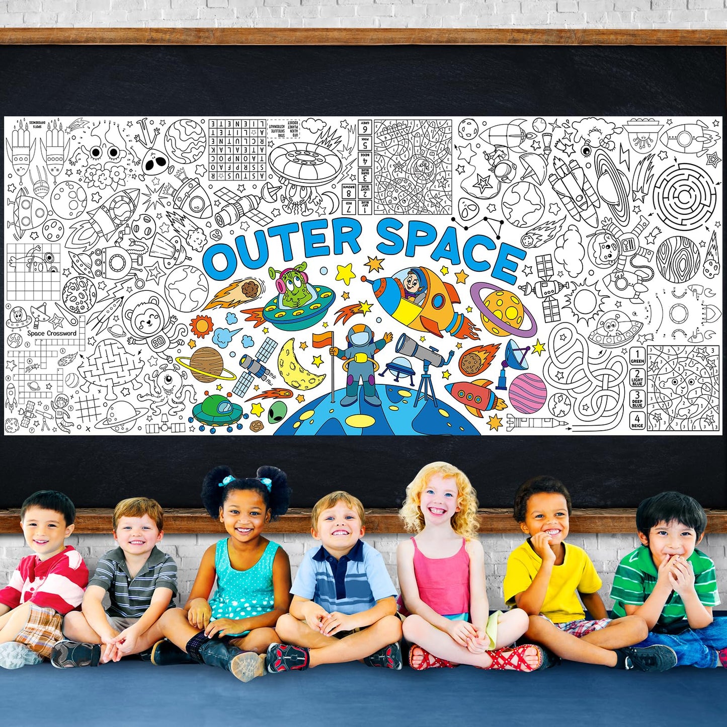 Zachely Outer Space Coloring Poster 30x72 in – Space Tablecloth & Activity Poster for Kids